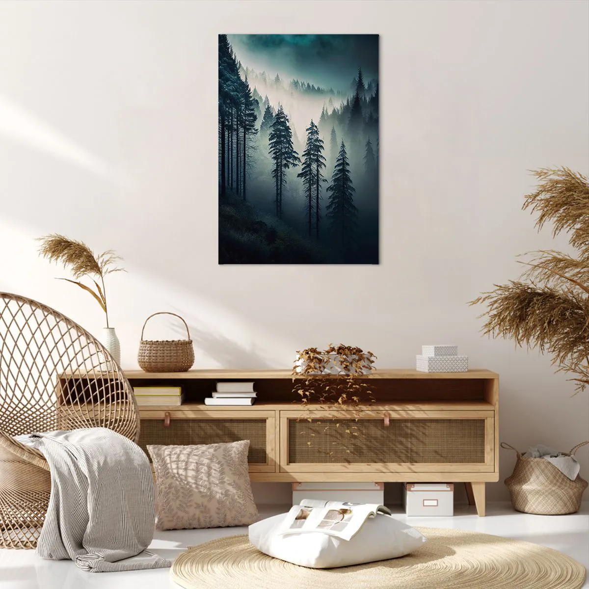 Obraz na płótnie - Górski las spowity mgłą w odcieniach niebieskiego i zieleni - 70x100cm - Górski poranek - Nowoczesna dekoracja ścienna do salonu i sypialni ARTTOR