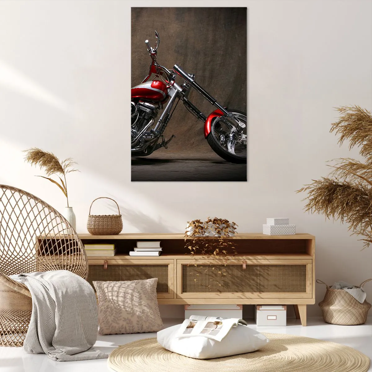Cuadro sobre lienzo - Impresión de Imagen - Motocicleta roja personalizada sobre un fondo de tela marrón. - 80x120cm - Belleza rojo-plateada - Decoración de pared moderna para salón y dormitorio ARTTOR