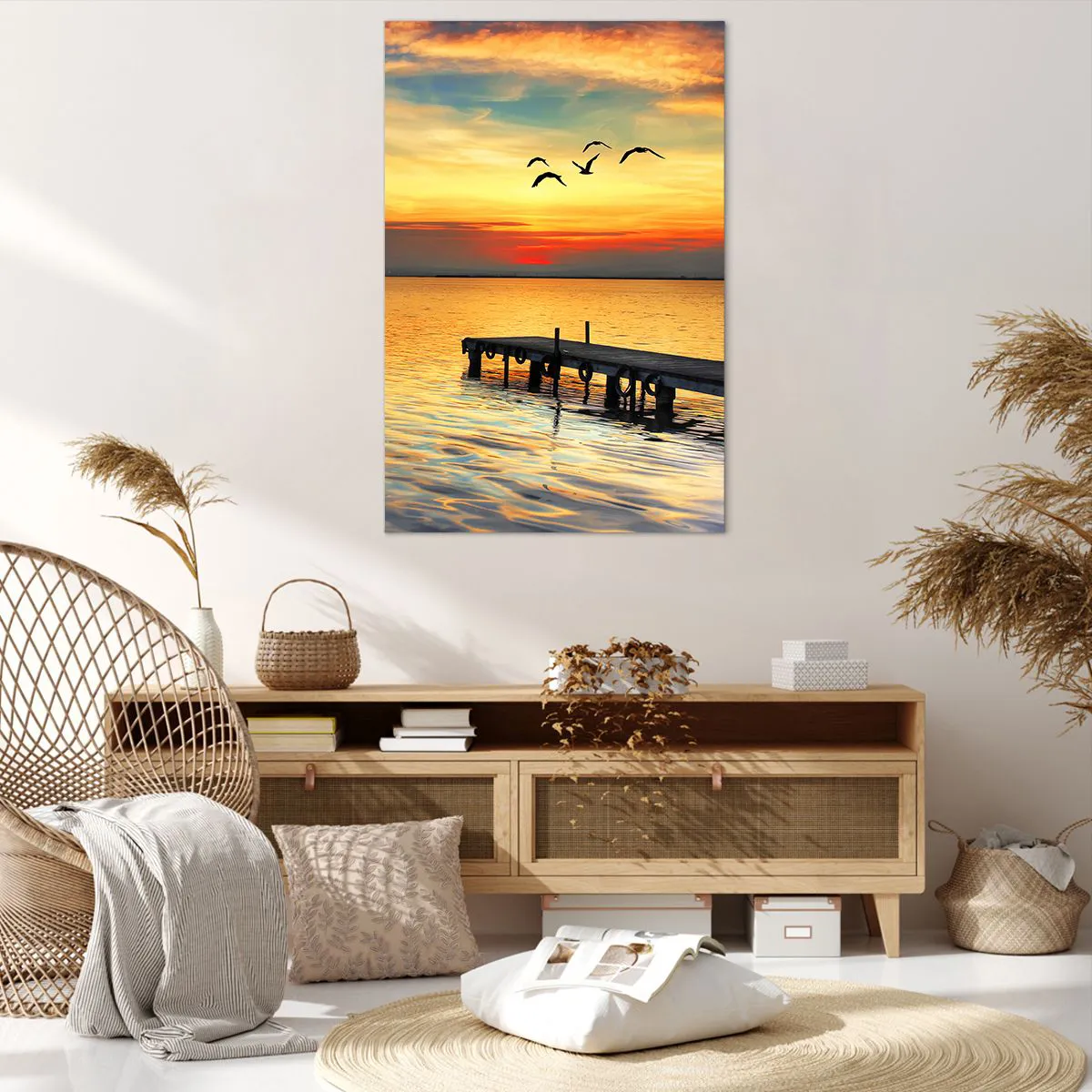 Quadro su tela - Stampe su Tela - Tramonto con barca a vela e molo su un lago calmo - 80x120cm - Il ritorno alla sera - Decorazione murale moderna per soggiorno e camera da letto ARTTOR