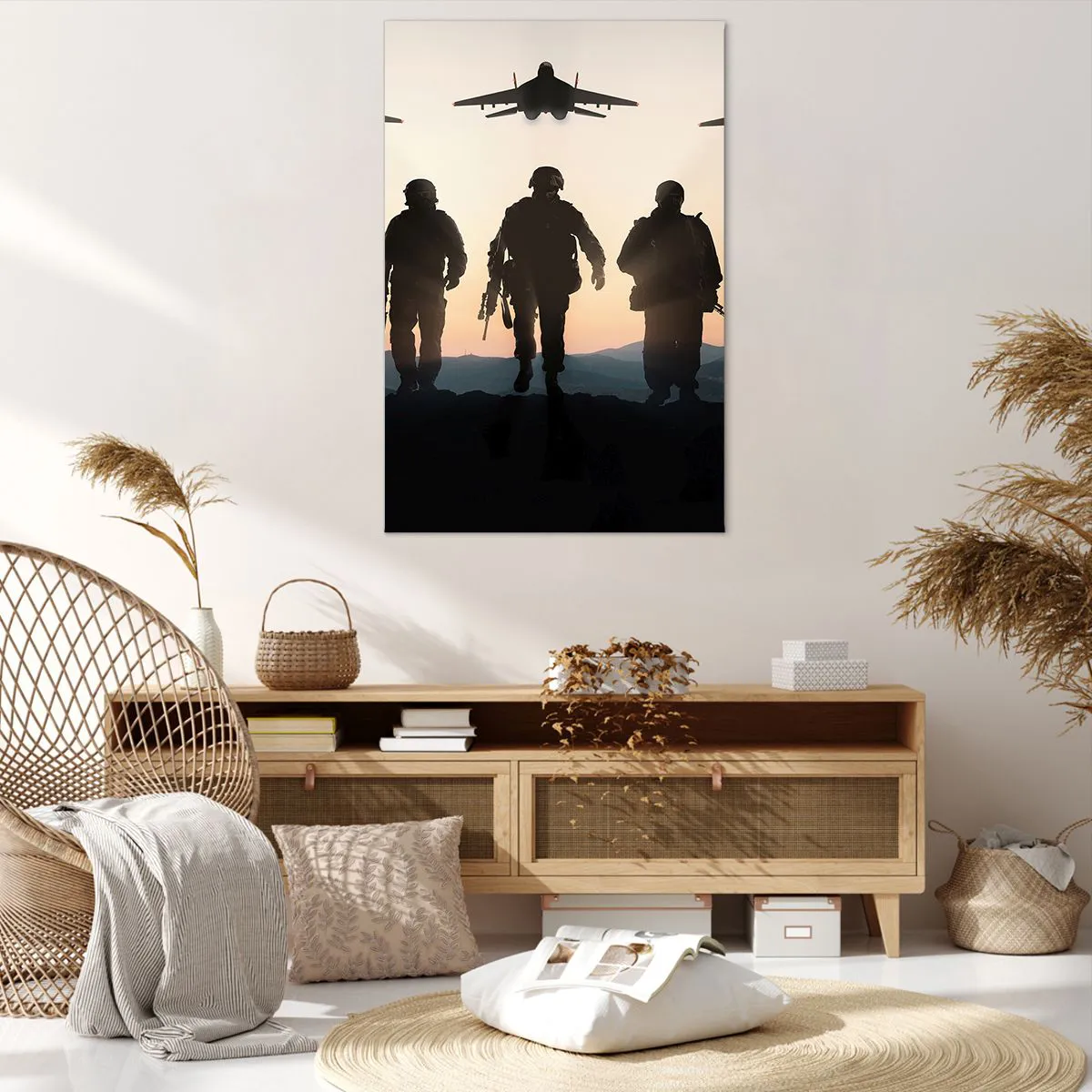 Bild auf Leinwand - Leinwandbild - Silhouetten von Soldaten und Kampfjets vor dem Hintergrund des Sonnenuntergangs - 80x120cm - Willkommen in unserer Welt - Moderne Wanddekoration für Wohnzimmer und Schlafzimmer ARTTOR