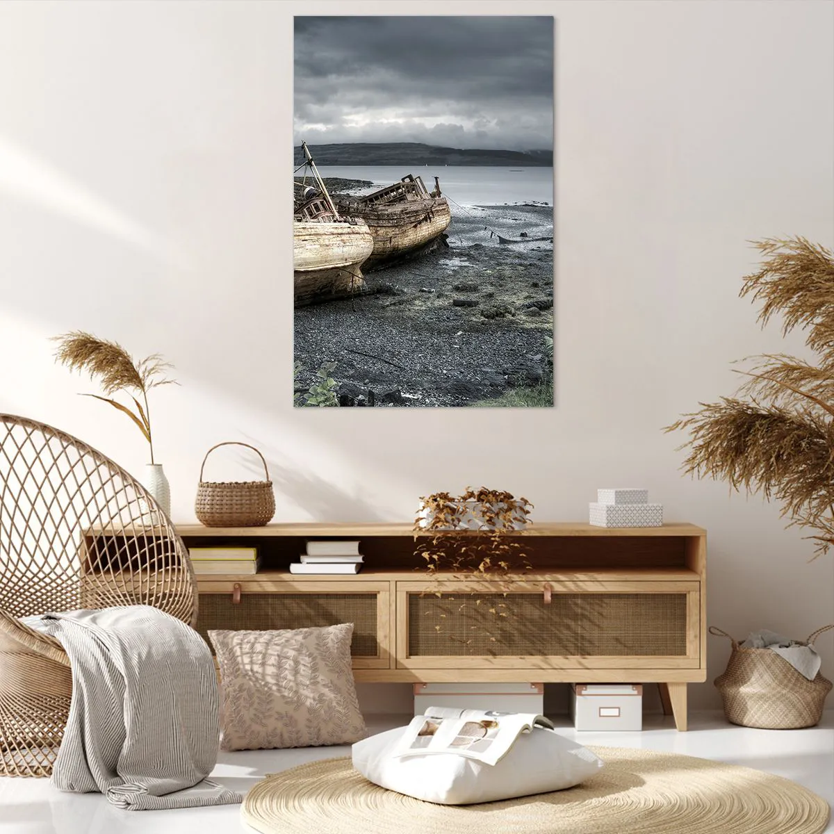 Quadro su tela - Stampe su Tela - Barche abbandonate sulla riva in una scena piovosa - 80x120cm - Segno delle fatiche degnamente sostenute - Decorazione murale moderna per soggiorno e camera da letto ARTTOR