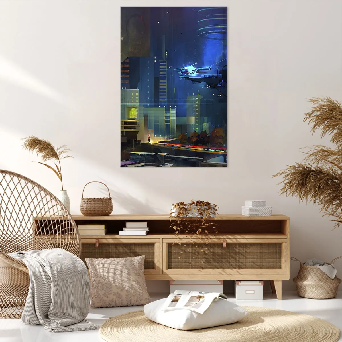 Quadro su tela - Stampe su Tela - Città futuristica di notte con luci al neon e un veicolo volante - 80x120cm - In un futuro non lontano - Decorazione murale moderna per soggiorno e camera da letto ARTTOR