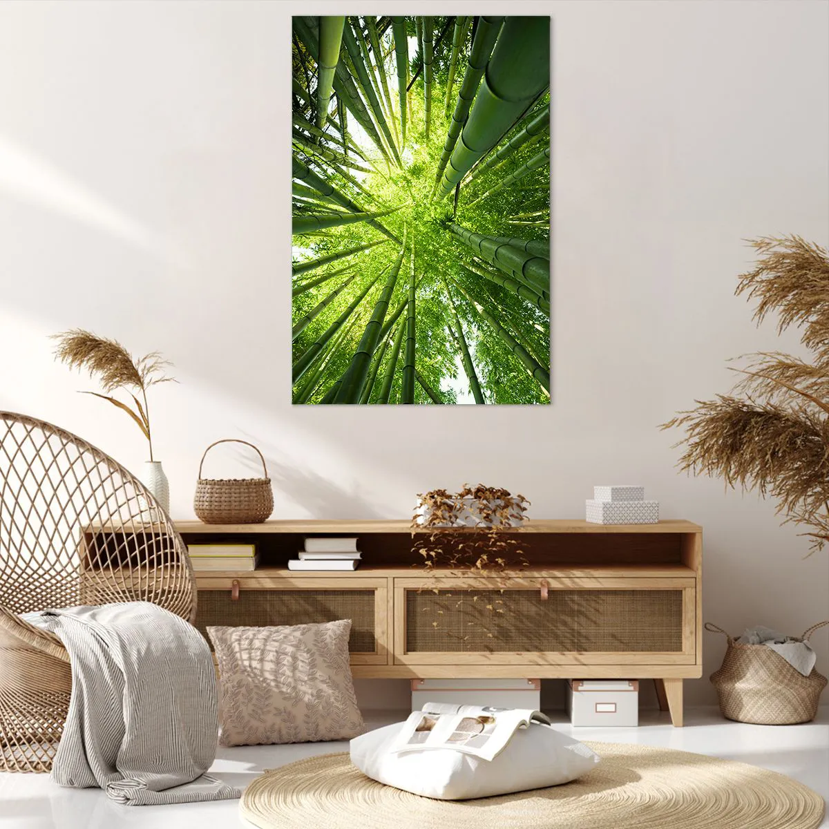 Cuadro sobre lienzo - Impresión de Imagen - Vista hacia arriba a través de un bosque de bambú verde. - 80x120cm - En un bosquecillo de bambú - Decoración de pared moderna para salón y dormitorio ARTTOR