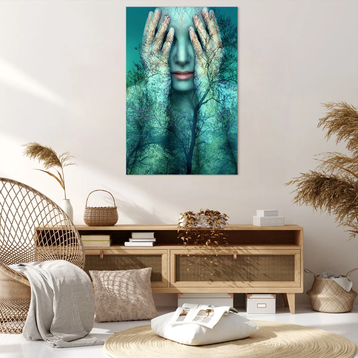 Impression sur toile - Image sur toile - Une figure de femme avec un motif d'arbre sur un fond de paysage turquoise - 80x120cm - immergé dans l'azur - Décoration murale moderne pour le salon et la chambre ARTTOR