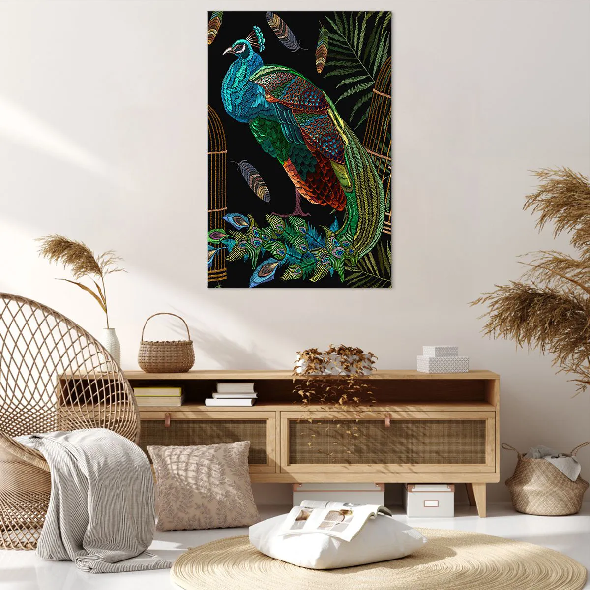 Cuadro sobre lienzo - Impresión de Imagen - Pavos reales junto a una jaula dorada sobre un fondo negro - 80x120cm - Con plumajes reales - Decoración de pared moderna para salón y dormitorio ARTTOR