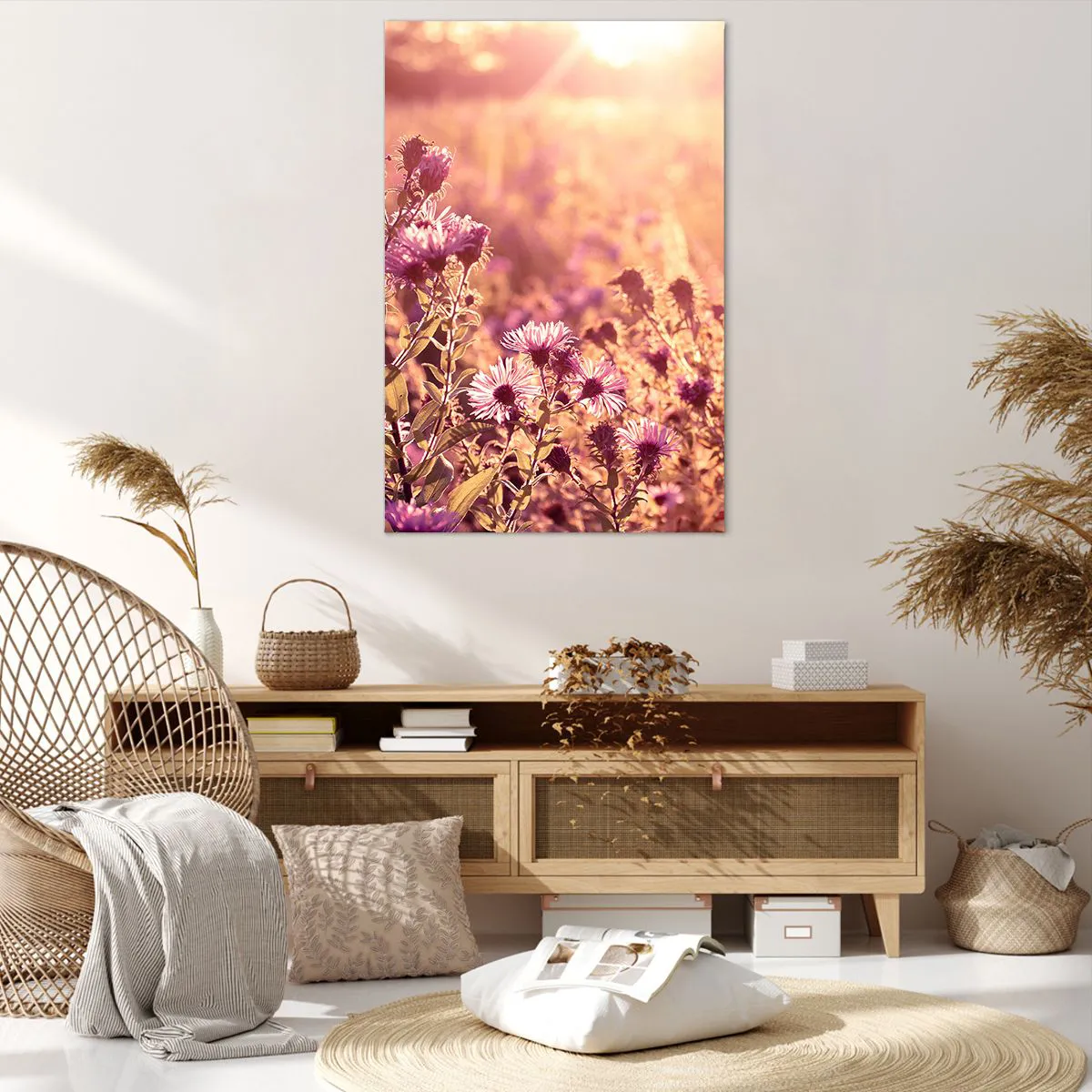 Obraz na płótnie - Łąka w świetle zachodzącego słońca - 80x120cm - Przed odejściem lata - Nowoczesna dekoracja ścienna do salonu i sypialni ARTTOR