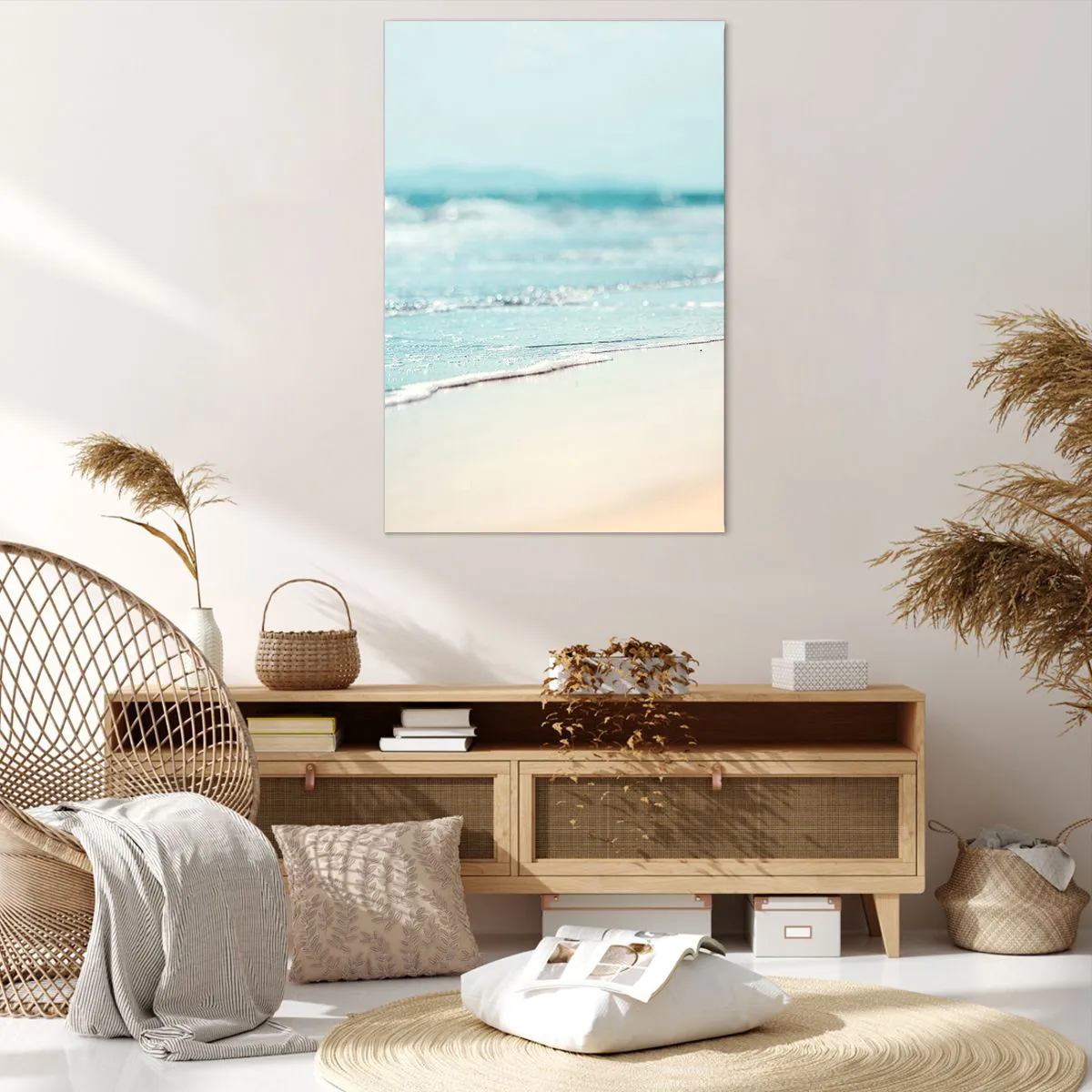 Obraz na płótnie - Delikatne fale oceanu na piaszczystej plaży - 80x120cm - Ciepło i szum - Nowoczesna dekoracja ścienna do salonu i sypialni ARTTOR