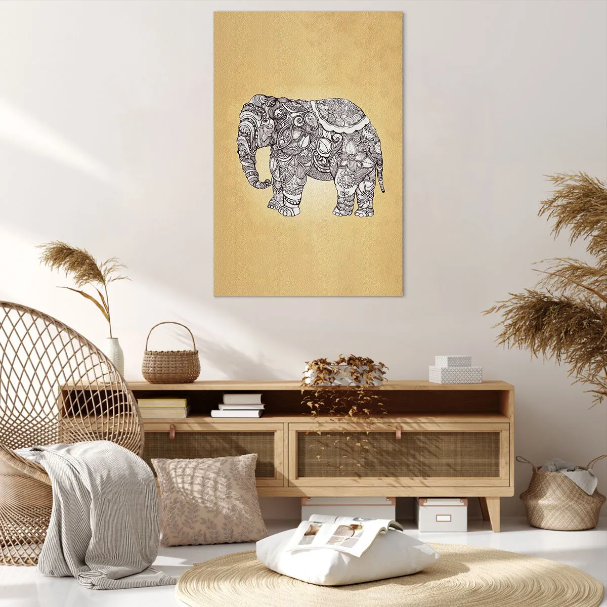 Impression sur toile - Image sur toile - Éléphant dessiné à la main avec un motif orné sur un fond beige - 80x120cm - L'éléphant s'est apprêté - Décoration murale moderne pour le salon et la chambre ARTTOR