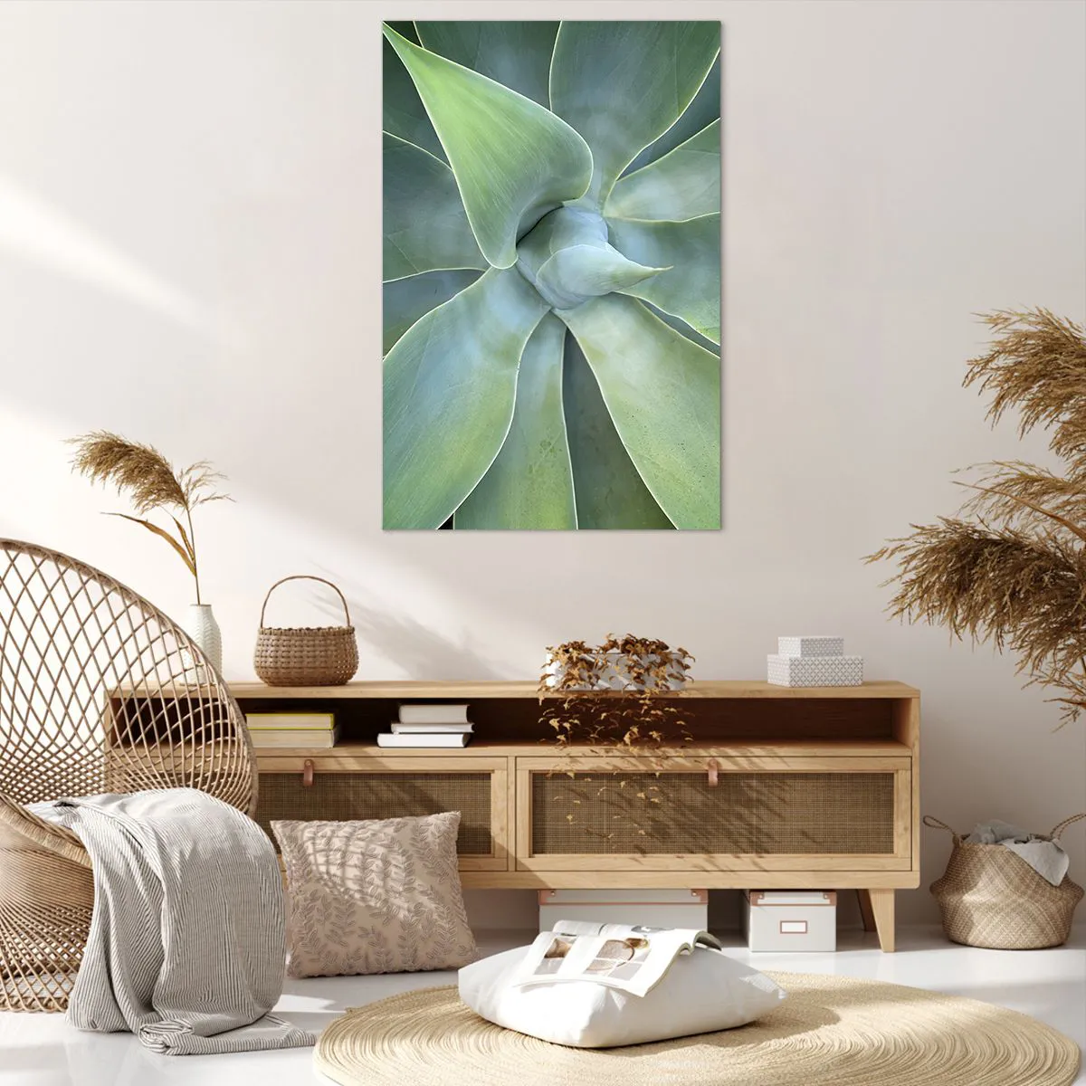 Obraz na płótnie - Subtelne liście agawy w odcieniach zieleni - 80x120cm - Narodziny zieleni - Nowoczesna dekoracja ścienna do salonu i sypialni ARTTOR