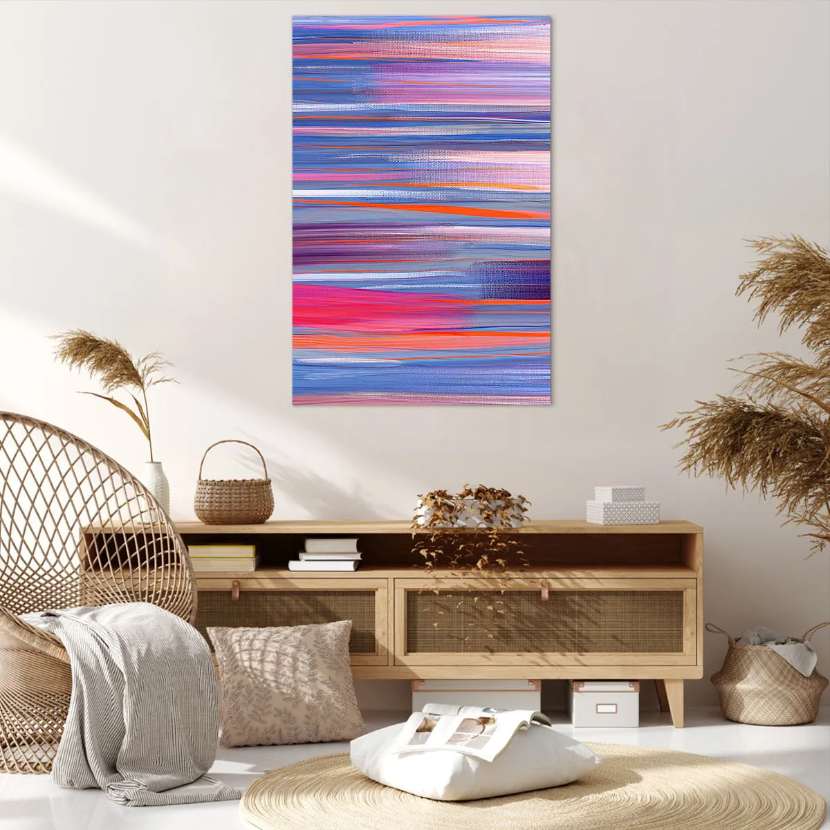 Obraz na płótnie - Abstrakcyjne pionowe linie w odcieniach niebieskiego i różu - 80x120cm - Wtęczowstąpienie - Nowoczesna dekoracja ścienna do salonu i sypialni ARTTOR