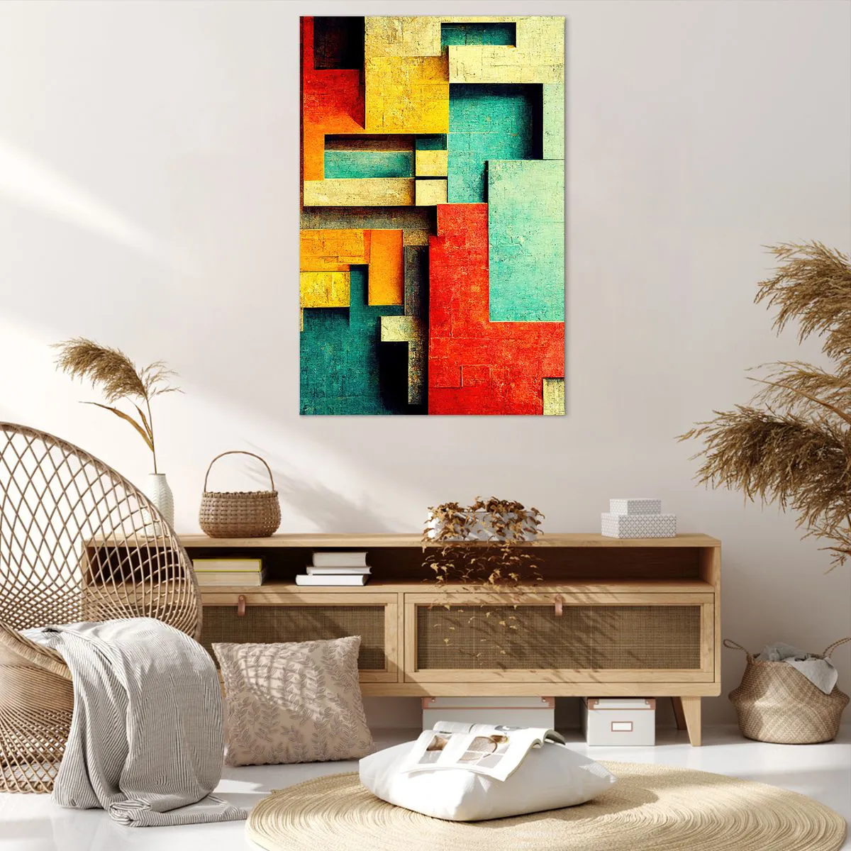 Cuadro sobre lienzo - Impresión de Imagen - Formas geométricas abstractas en colores vibrantes - 80x120cm - Festival de ángulos rectos - Decoración de pared moderna para salón y dormitorio ARTTOR