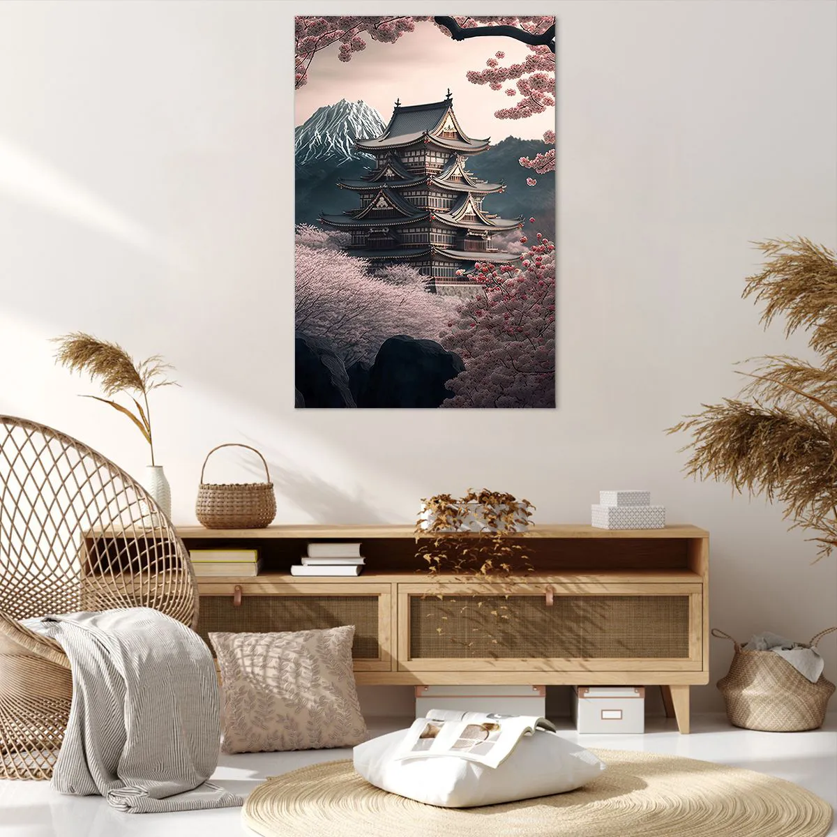 Obraz na płótnie - Japońska świątynia otoczona kwitnącymi wiśniami i górami - 80x120cm - Kraj kwitnącej wiśni - Nowoczesna dekoracja ścienna do salonu i sypialni ARTTOR