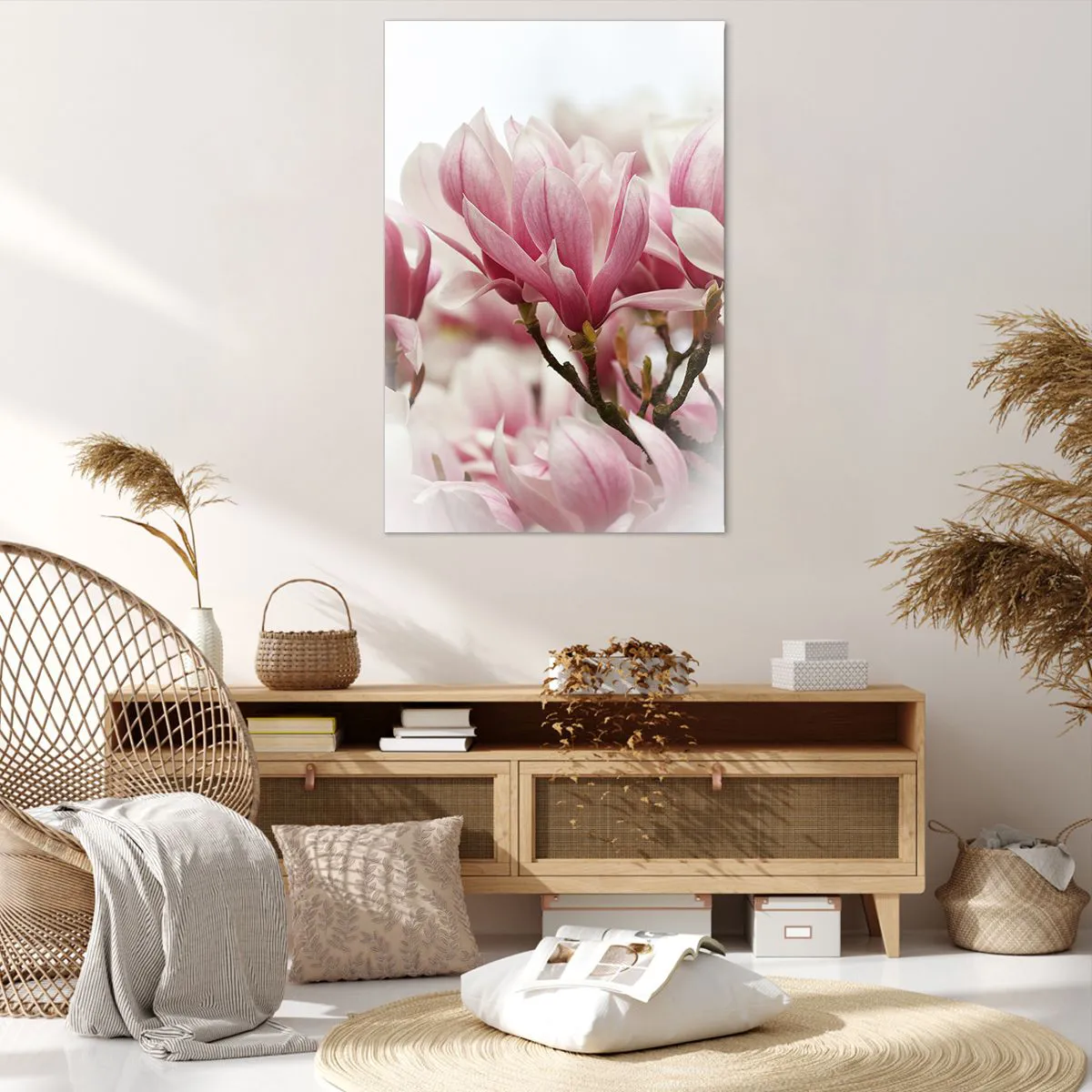 Obraz na płótnie - Delikatne różowe magnolie w pełnym rozkwicie na rozmytym tle - 80x120cm - Kwiaty wiosny - Nowoczesna dekoracja ścienna do salonu i sypialni ARTTOR