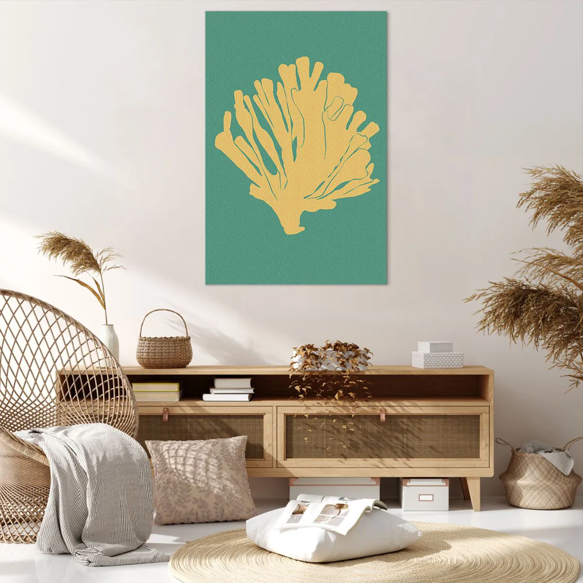 Obraz na płótnie - Minimalistyczna ilustracja koralowca w odcieniach złota na zielonym tle - 80x120cm - Krzak podwodnego lasu - Nowoczesna dekoracja ścienna do salonu i sypialni ARTTOR