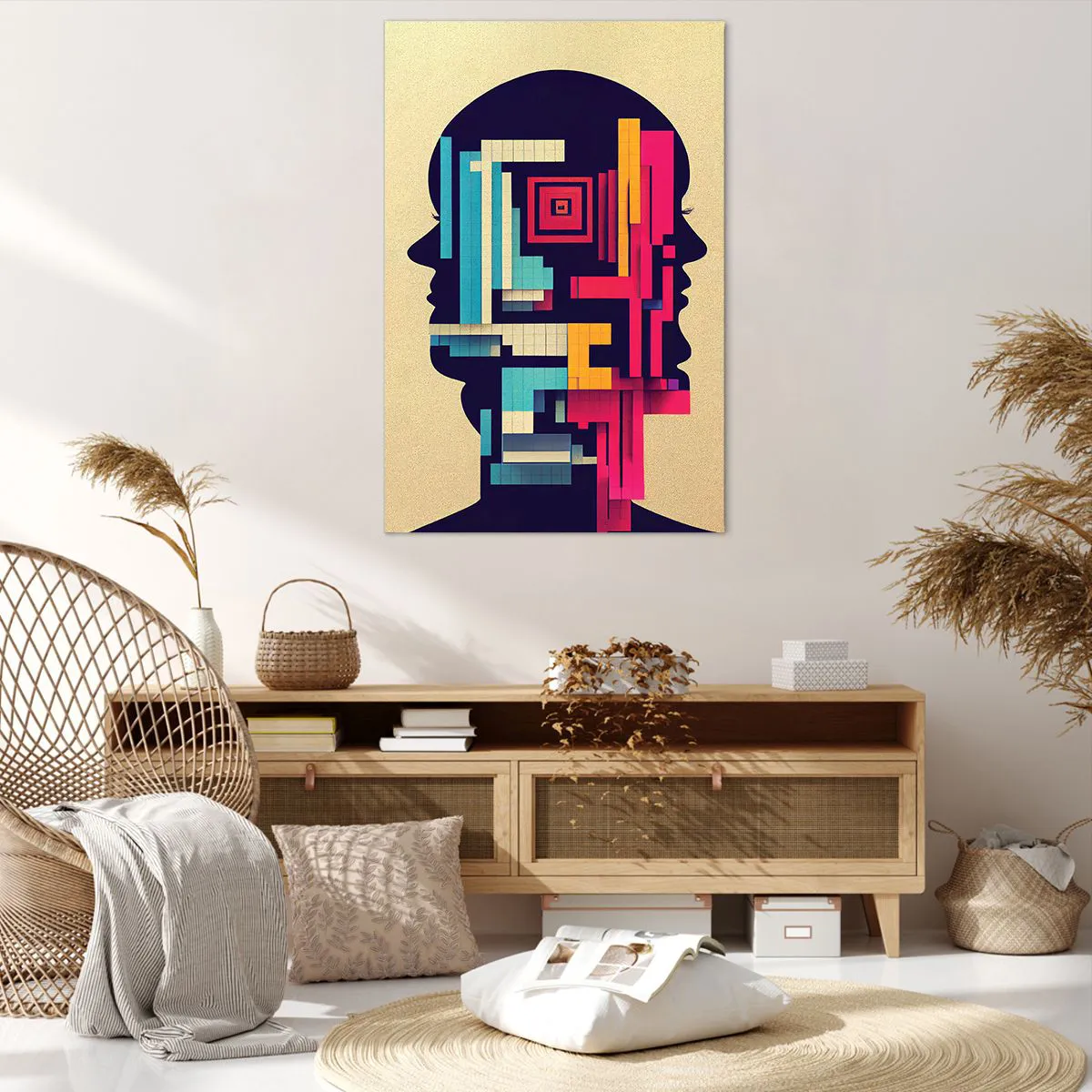 Obraz na płótnie - Abstrakcyjna ilustracja dwóch ludzkich sylwetek w geometrycznym stylu - 80x120cm - Nowe więzi - Nowoczesna dekoracja ścienna do salonu i sypialni ARTTOR