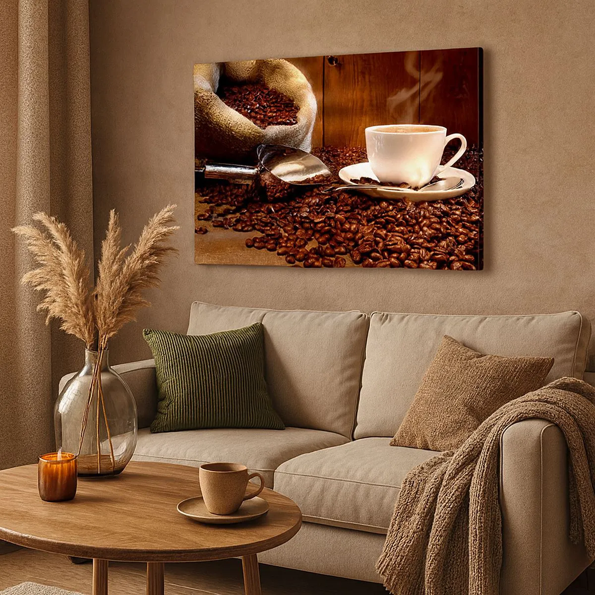 Bild auf Leinwand - Leinwandbild - Eine Tasse Kaffee mit Kaffeebohnen und einem Getreidesack im Hintergrund - 120x80cm - Fühlst du diesen Geruch? - Moderne Wanddekoration für Wohnzimmer und Schlafzimmer ARTTOR