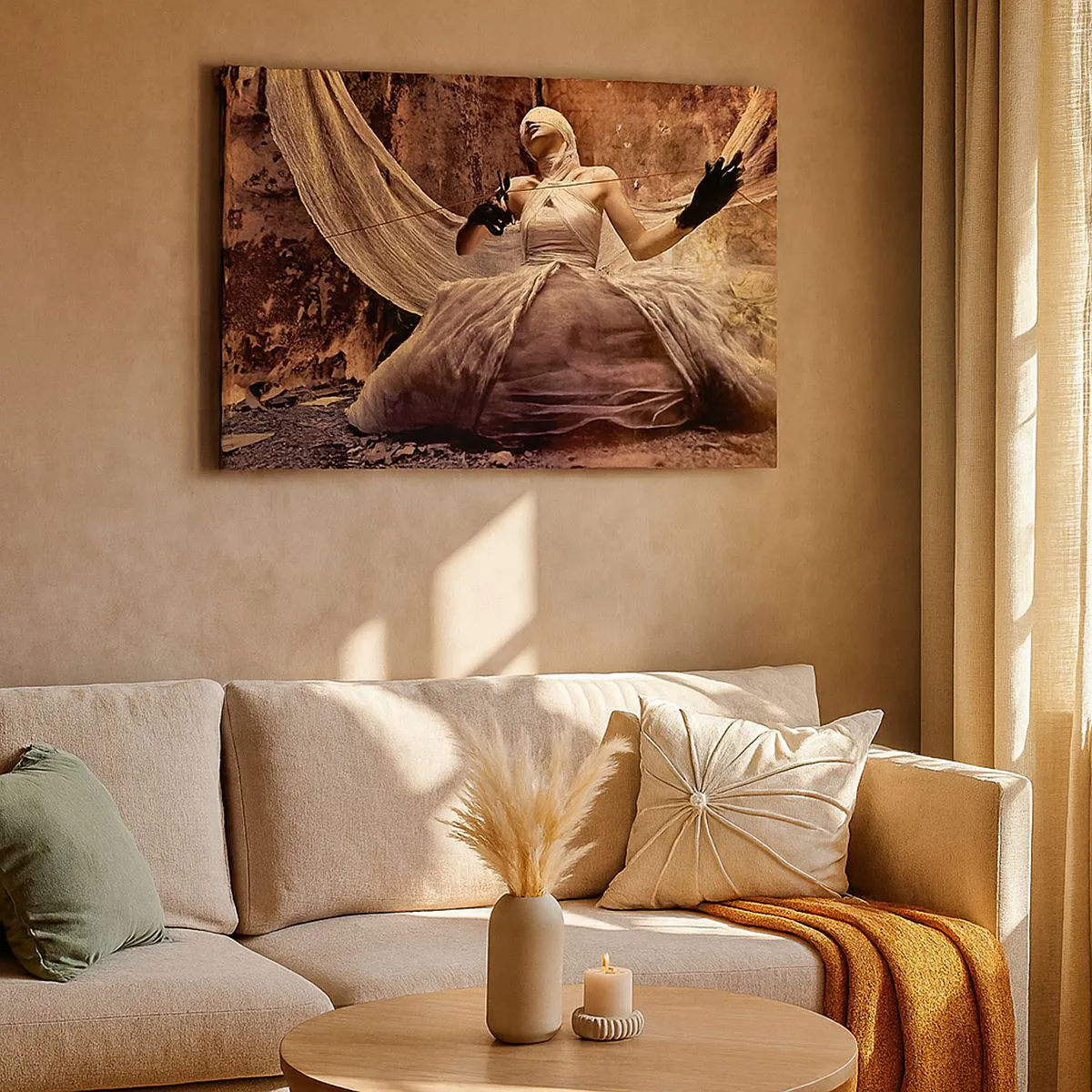Bild auf Leinwand - Leinwandbild - Eine Frau in einem Kleid mit bedecktem Gesicht und einer Schere in den Händen - 70x50cm - Göttin des Schicksals - Moderne Wanddekoration für Wohnzimmer und Schlafzimmer ARTTOR