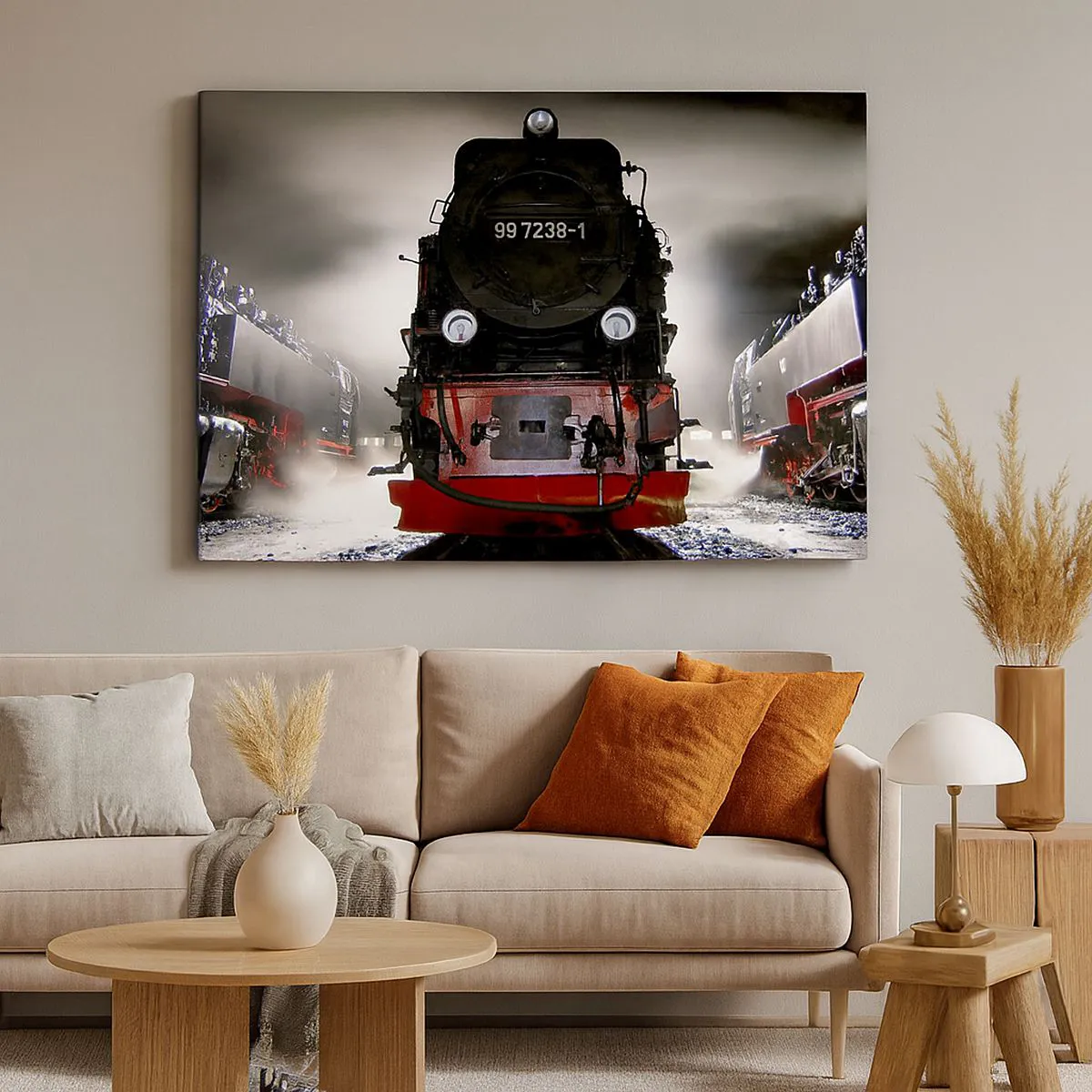 Impression sur toile - Image sur toile - Une locomotive à vapeur entourée de vapeur sur un ciel sombre dans un décor atmosphérique - 100x70cm - Il se lève et siffle, halète et souffle - Décoration murale moderne pour le salon et la chambre ARTTOR