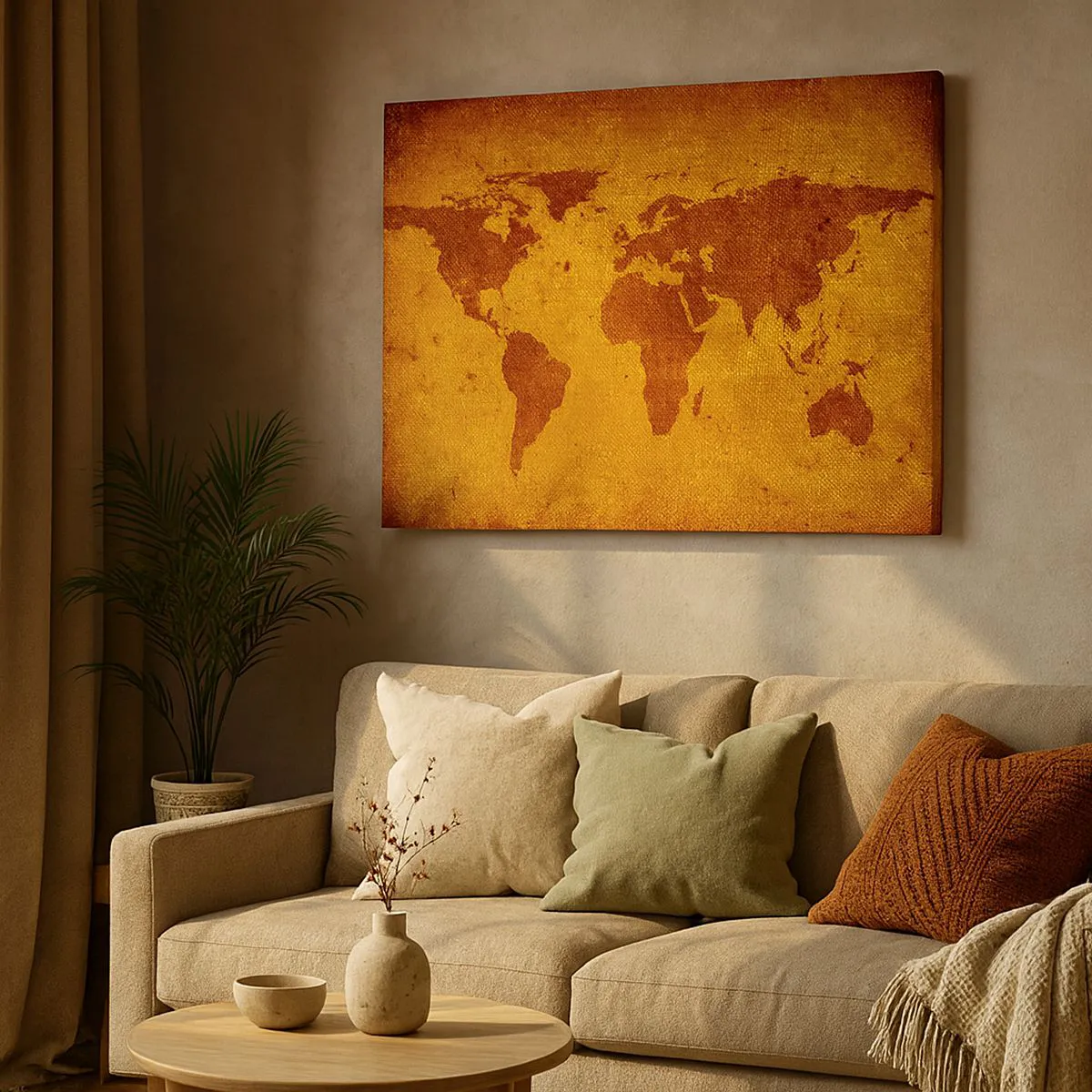 Canvastavla - Bild på duk - Vintage världskarta på en brun och guld bakgrund. - 70x50cm - Inbjudan till resa - Modern väggdekoration för vardagsrum och sovrum ARTTOR