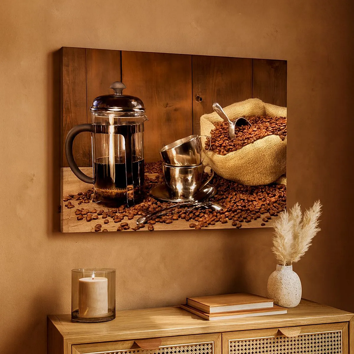 Cuadro sobre lienzo - Impresión de Imagen - Prensa francesa, tazas y una bolsa de café sobre un fondo de madera. - 70x50cm - El embrujo del café: aroma y sabor - Decoración de pared moderna para salón y dormitorio ARTTOR