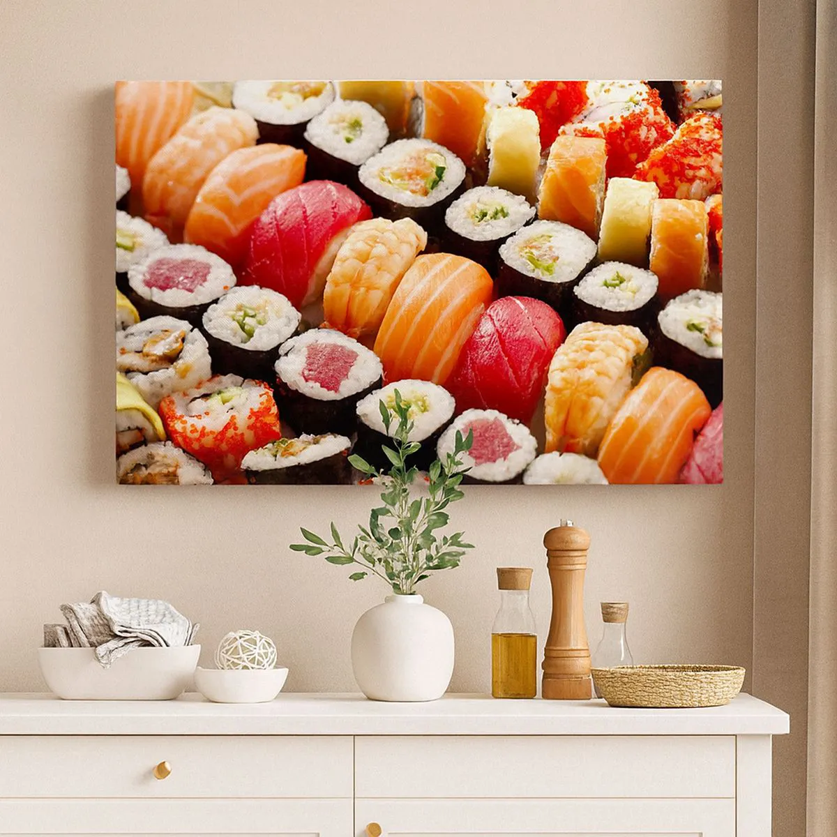 Bild auf Leinwand - Leinwandbild - Buntes Sushi in Reihen angeordnet mit verschiedenen Toppings - 120x80cm - Farben und Aromen Asiens - Moderne Wanddekoration für Wohnzimmer und Schlafzimmer ARTTOR