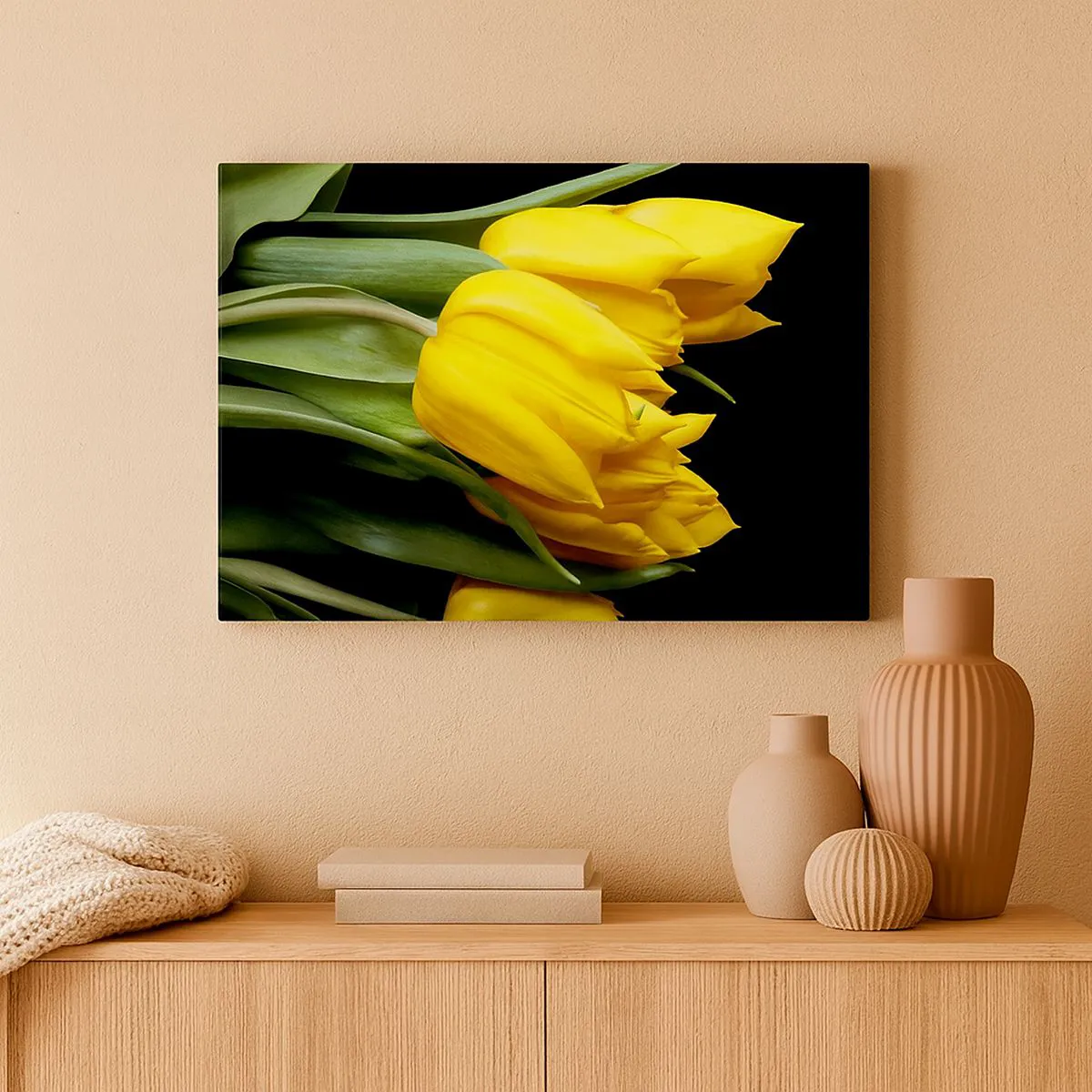 Impression sur toile - Image sur toile - Un bouquet de tulipes jaunes sur fond noir - 120x80cm - Lever de soleil pur - Décoration murale moderne pour le salon et la chambre ARTTOR