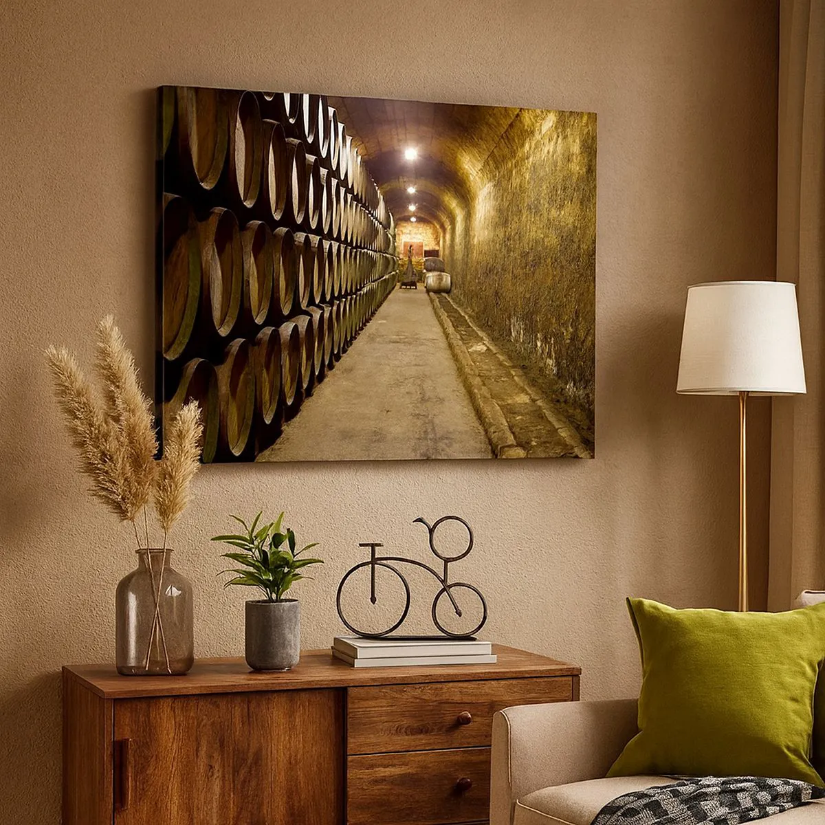 Impression sur toile - Image sur toile - Une cave avec des tonneaux de vin en bois disposés en rangées - 70x50cm - Qu'il est bon de s'allonger - Décoration murale moderne pour le salon et la chambre ARTTOR