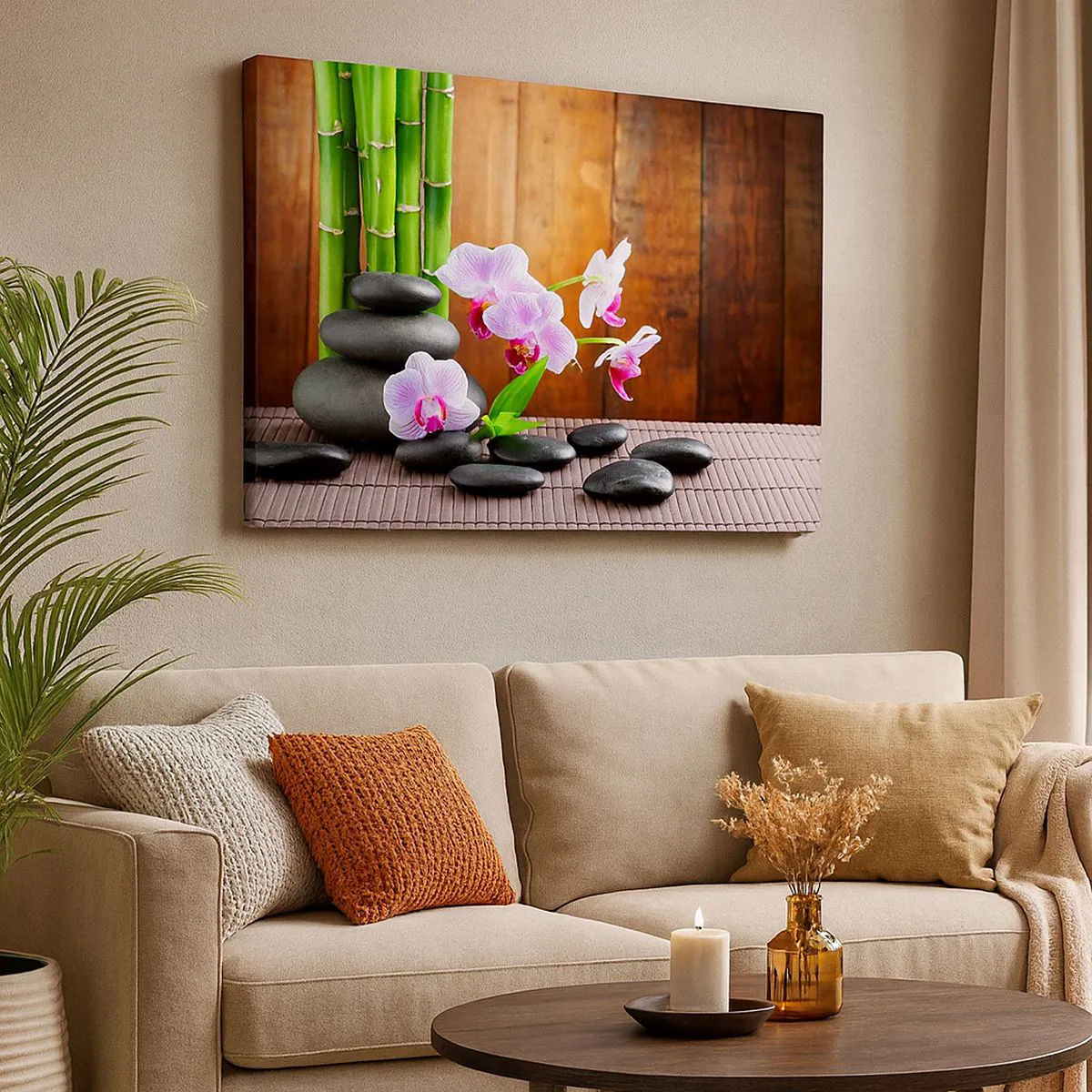 Quadro em tela - Bambu em estilo zen, pedras e orquídeas rosa sobre fundo de madeira - 70x50cm - Experimente os prazeres do Oriente - Decoração de parede moderna para a sala de estar e quarto ARTTOR