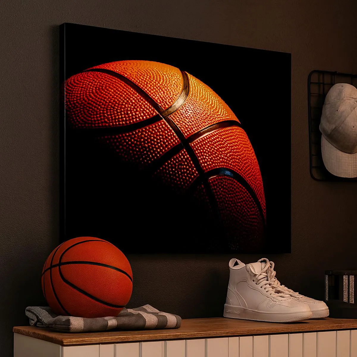 Bild auf Leinwand - Leinwandbild - Nahaufnahme eines Basketballs vor schwarzem Hintergrund - 120x80cm - Schön wie ein Planet - Moderne Wanddekoration für Wohnzimmer und Schlafzimmer ARTTOR