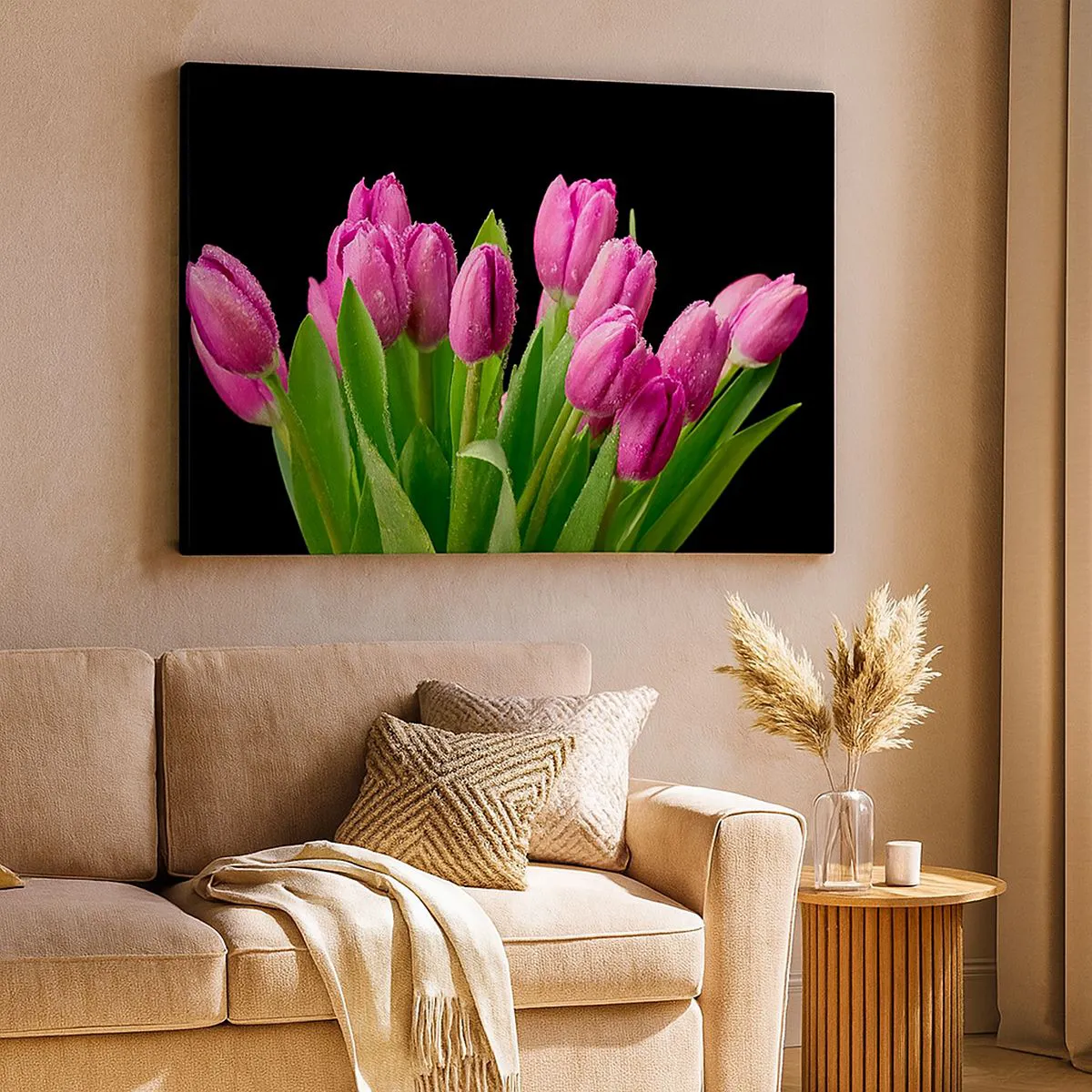 Bild auf Leinwand - Leinwandbild - Rosa Tulpen mit Tautropfen auf schwarzem Hintergrund - 70x50cm - Lila Frühlingsfreude - Moderne Wanddekoration für Wohnzimmer und Schlafzimmer ARTTOR