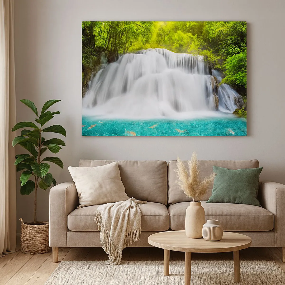 Quadro em tela - Uma cachoeira em uma floresta tropical com água turquesa - 70x50cm - Cascata espumosa do verde ao azul - Decoração de parede moderna para a sala de estar e quarto ARTTOR