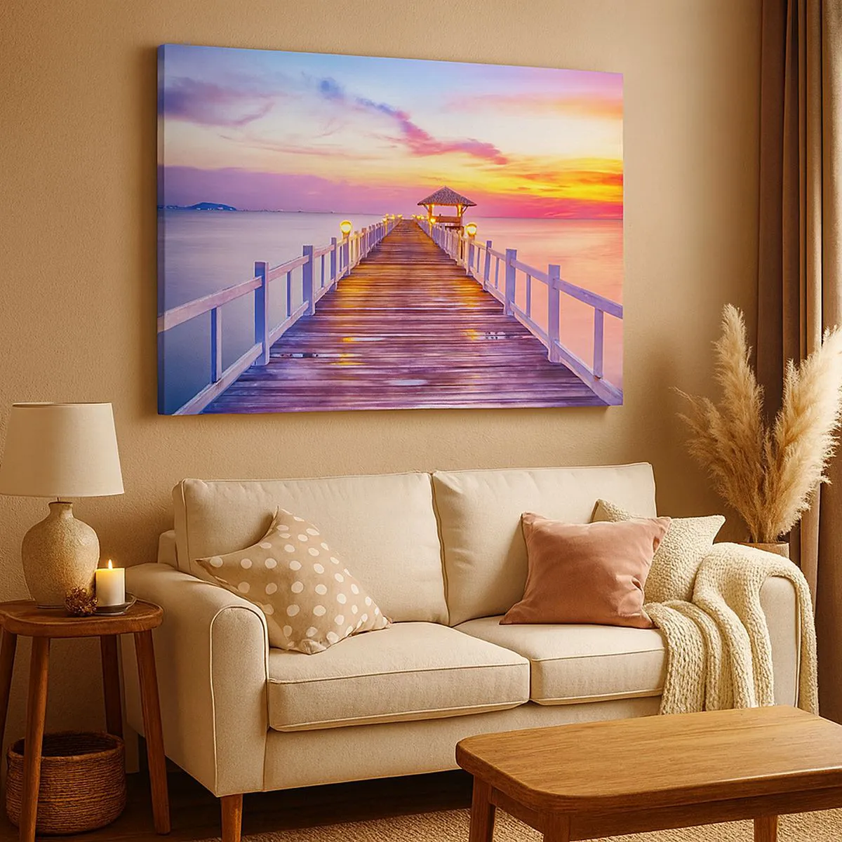 Quadro su tela - Stampe su Tela - Un molo sull'acqua al tramonto in colori pastello - 70x50cm - Silenzio della sera in lilla e oro - Decorazione murale moderna per soggiorno e camera da letto ARTTOR