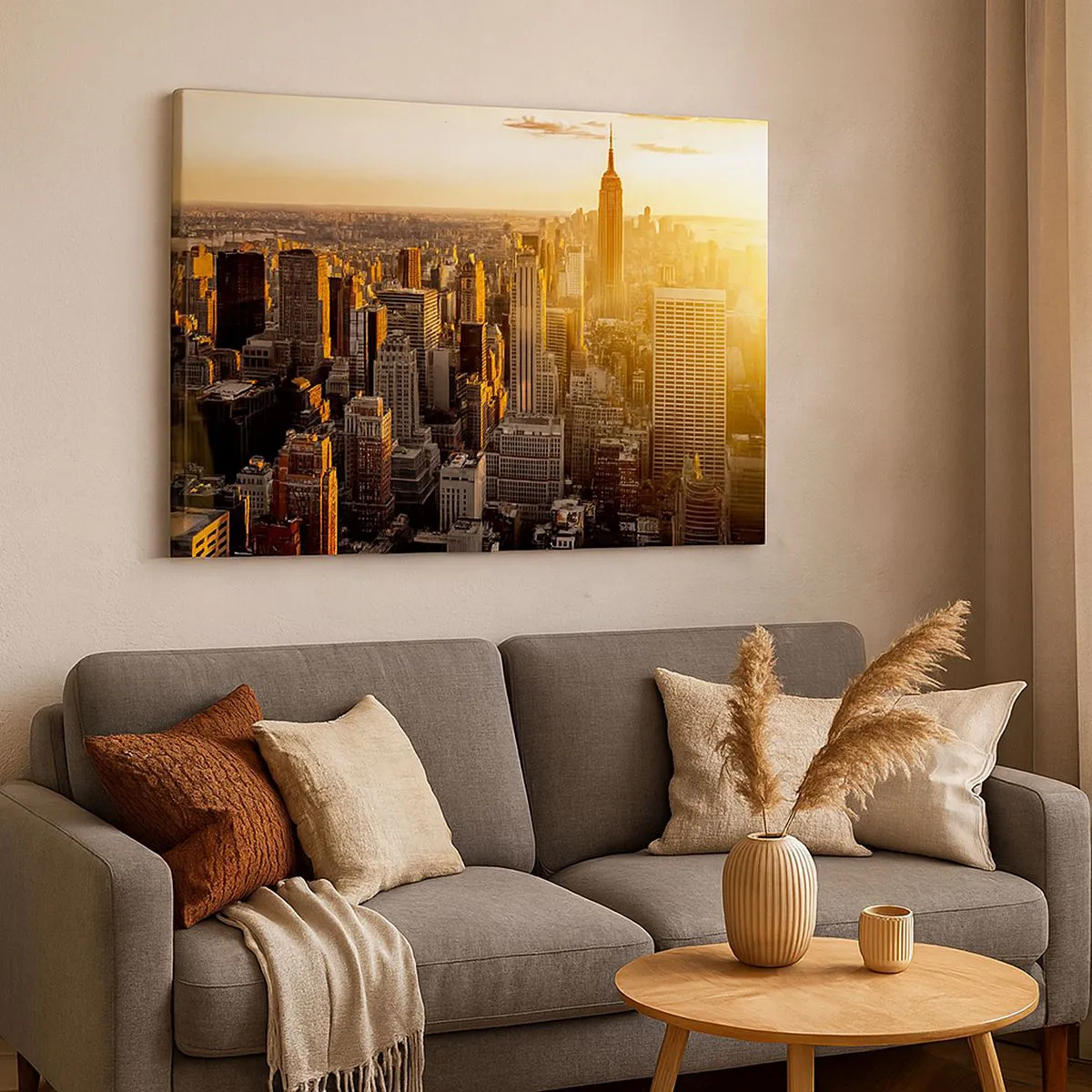 Quadro em tela - Horizonte da cidade de Nova York ao pôr do sol com vista para o Empire State Building - 70x50cm - Crescer ao sol - Decoração de parede moderna para a sala de estar e quarto ARTTOR