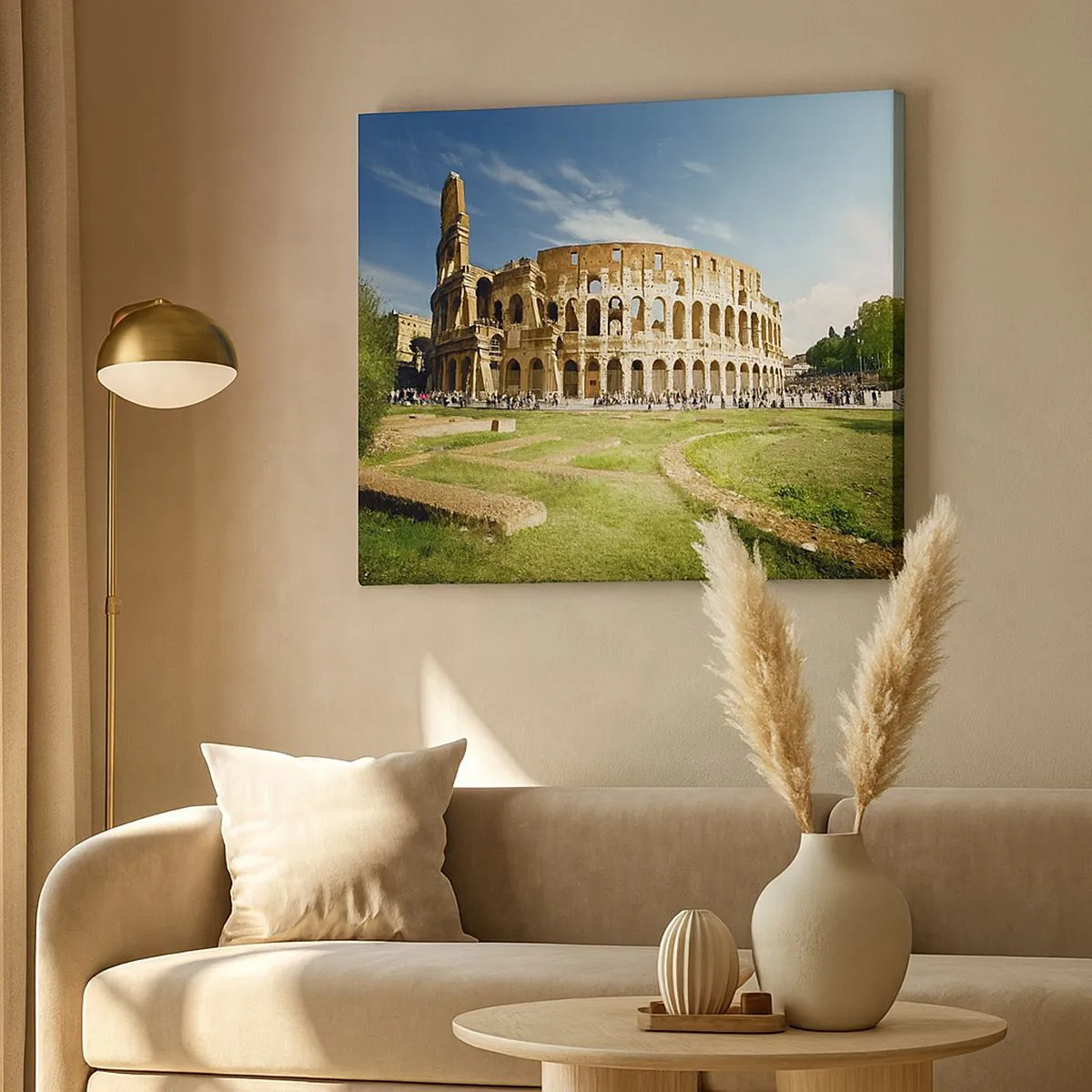 Tablou pe pânză Canvas - Colosseumul din Roma, înconjurat de verdeață și cer albastru - 70x50cm - Încă mai poți auzi zgomotul armelor - Decorațiune modernă pentru perete pentru living și dormitor ARTTOR