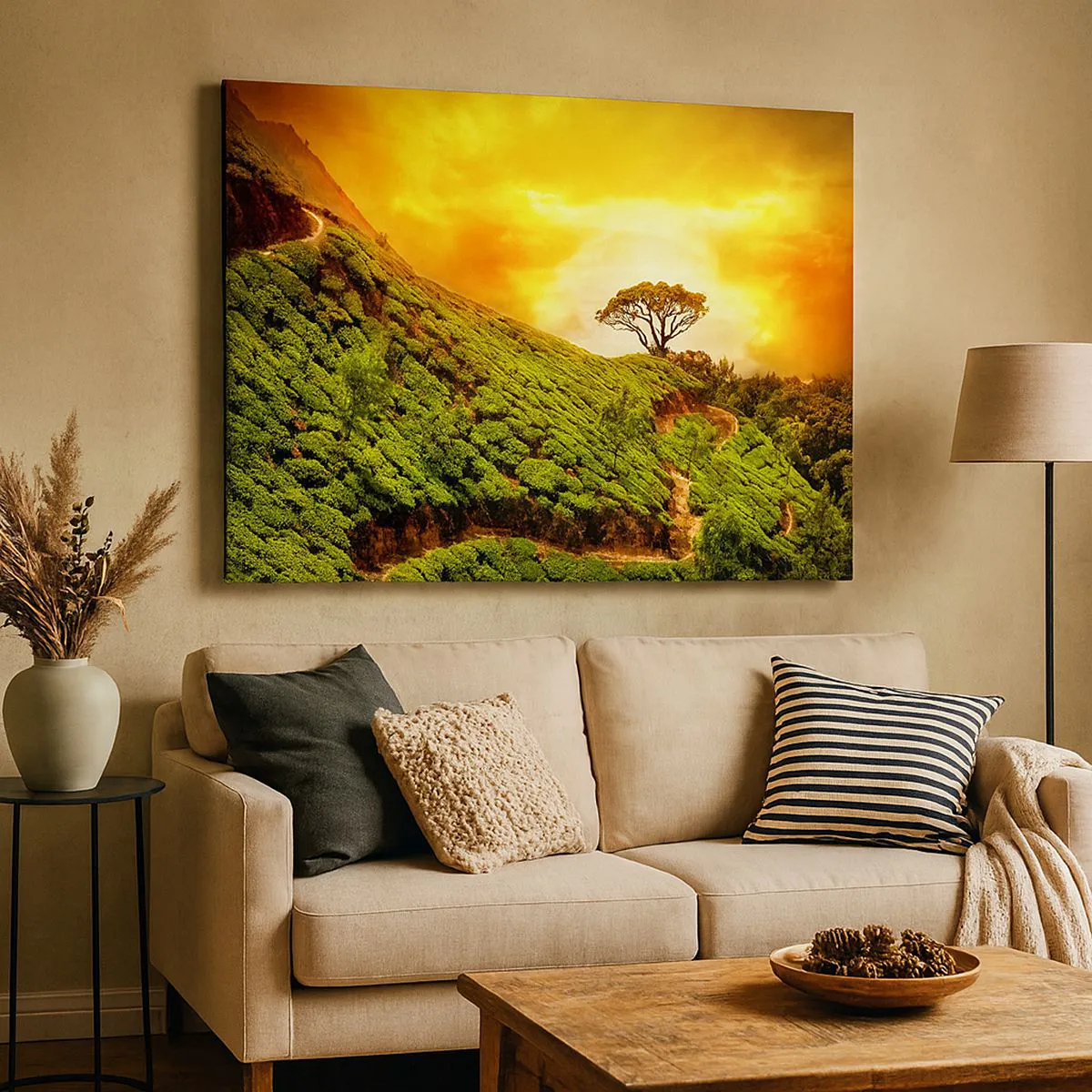 Tablou pe pânză Canvas - Dealuri verzi cu plantații de ceai la apus - 70x50cm - O cărare sinuoasă, o pantă verde - Decorațiune modernă pentru perete pentru living și dormitor ARTTOR