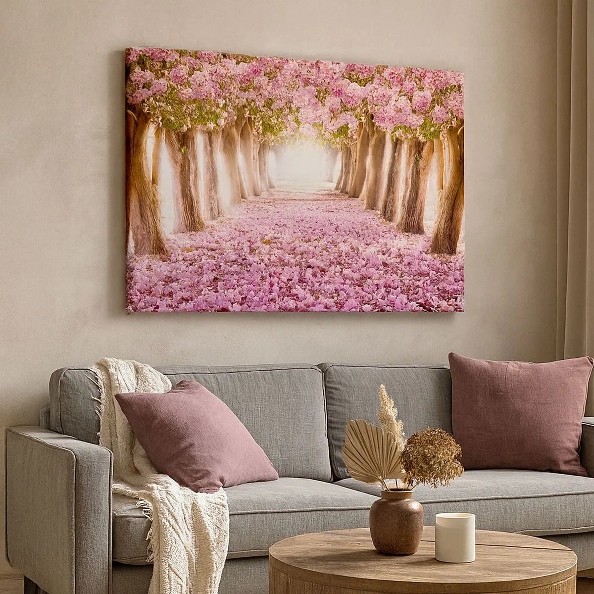 Bild auf Leinwand - Leinwandbild - Eine Allee blühender Bäume in Rosatönen - 100x70cm - Der Weg ins Paradies - Moderne Wanddekoration für Wohnzimmer und Schlafzimmer ARTTOR