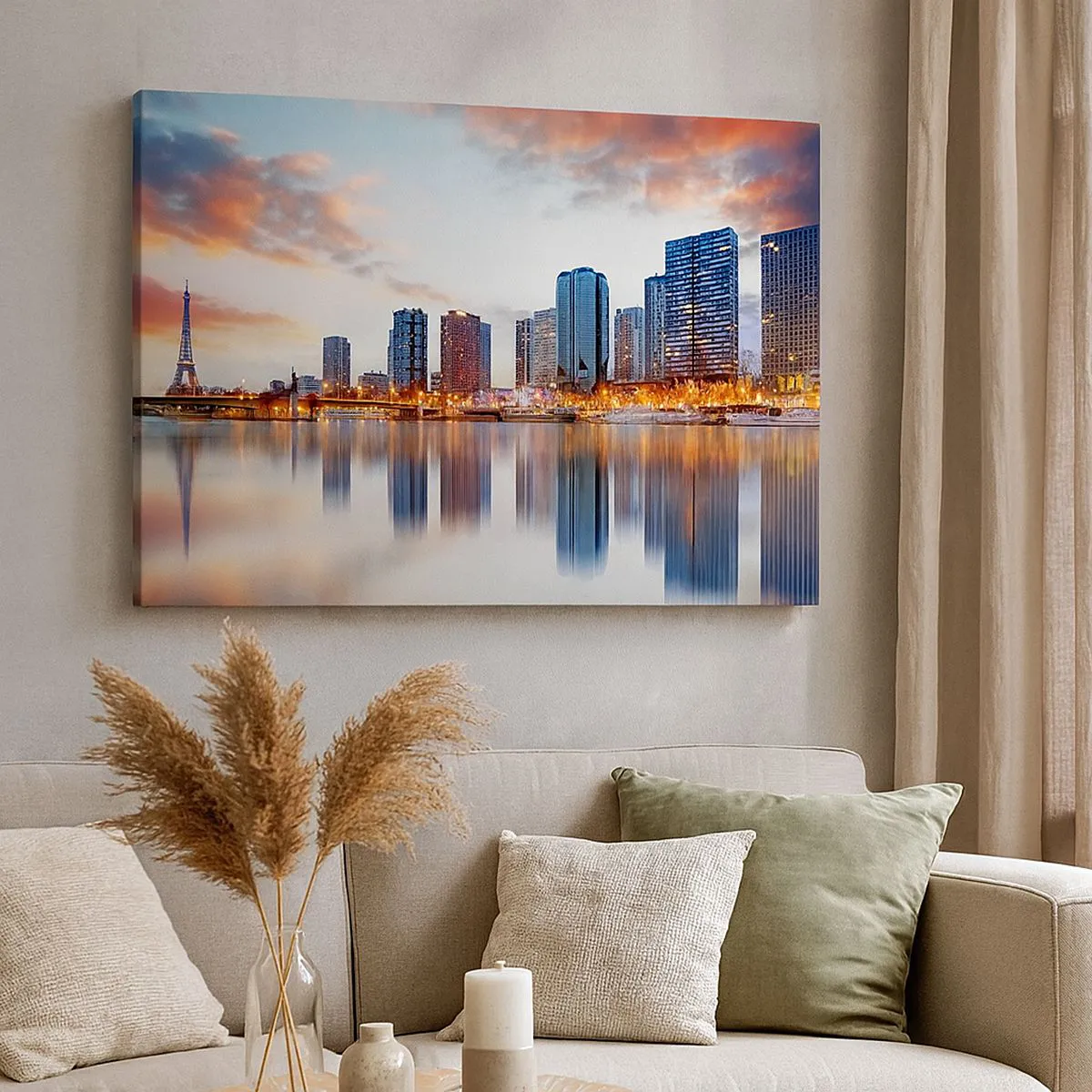 Quadro su tela - Stampe su Tela - Panorama di edifici moderni e della Torre Eiffel sull'acqua - 100x70cm - La pace monumentale di Parigi - Decorazione murale moderna per soggiorno e camera da letto ARTTOR