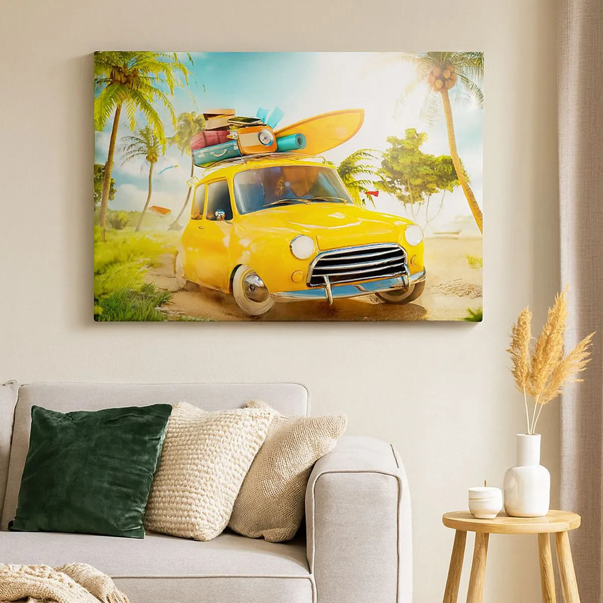 Quadro su tela - Stampe su Tela - Un'auto gialla con bagagli sullo sfondo di un paesaggio tropicale - 70x50cm - Viaggio nel paese dei sorrisi - Decorazione murale moderna per soggiorno e camera da letto ARTTOR