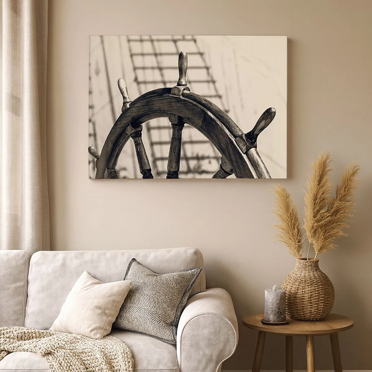 Cuadro sobre lienzo - Impresión de Imagen - Un timón de vela de estilo retro con un barco al fondo. - 120x80cm - Un cuento marino - Decoración de pared moderna para salón y dormitorio ARTTOR