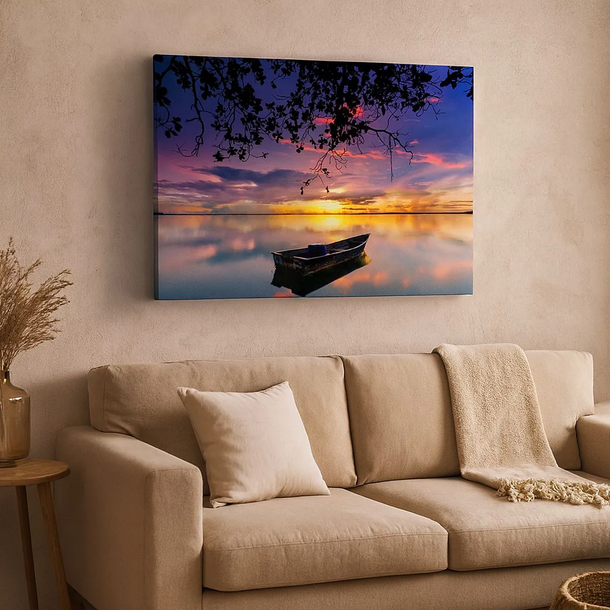 Impression sur toile - Image sur toile - Un bateau sur une eau calme au coucher du soleil - 100x70cm - "Tu sembles suspendu au milieu du ciel..." - Décoration murale moderne pour le salon et la chambre ARTTOR