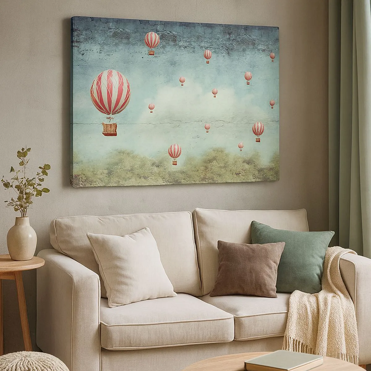 Canvastavla - Bild på duk - Retro ballonger mot en blå himmel och grönska bakgrund - 70x50cm - Fria från livets buller - Modern väggdekoration för vardagsrum och sovrum ARTTOR