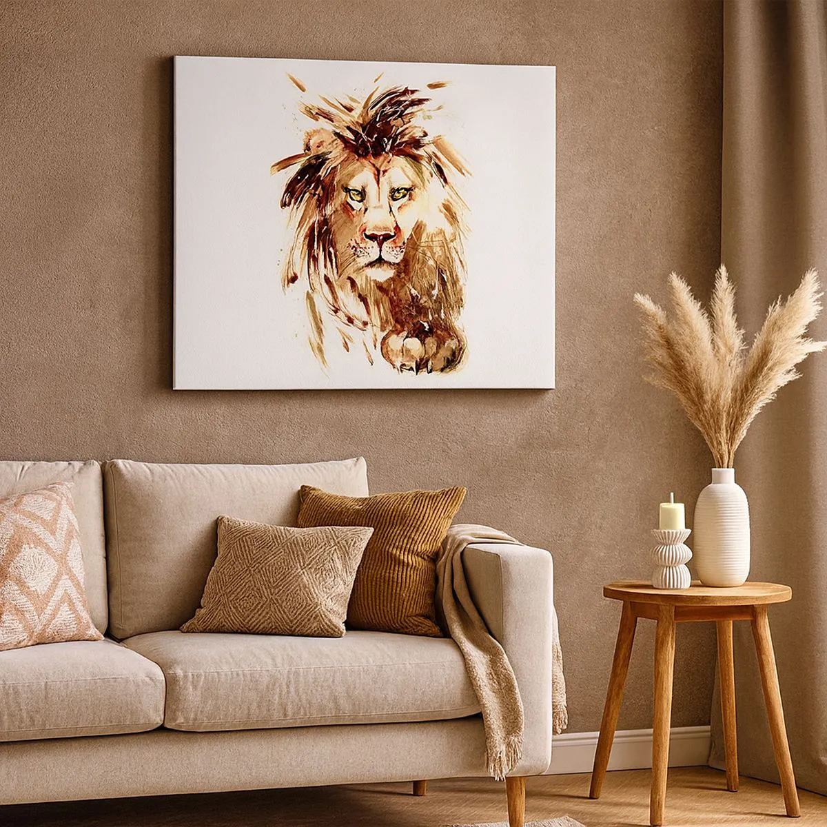 Obraz na płótnie - Portret lwa w stylu akwarelowym z intensywnymi detalami - 100x70cm - Siła i godność - Nowoczesna dekoracja ścienna do salonu, kuchni i sypialni ARTTOR