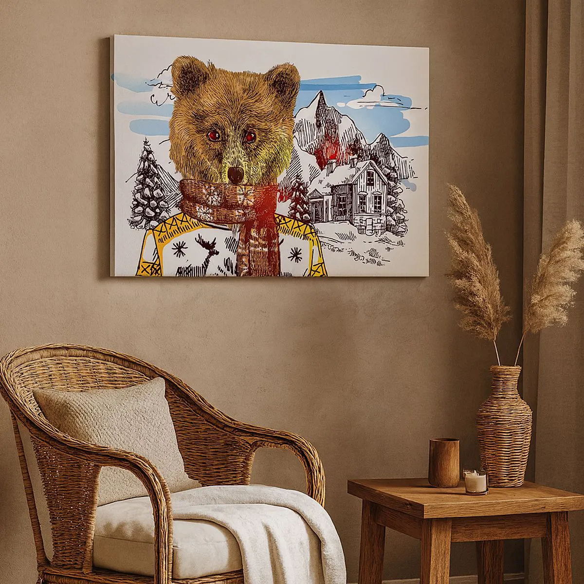Cuadro sobre lienzo - Impresión de Imagen - Un oso con un suéter y una bufanda con una casa de montaña al fondo. - 70x50cm - Así paso yo el invierno - Decoración de pared moderna para salón y dormitorio ARTTOR