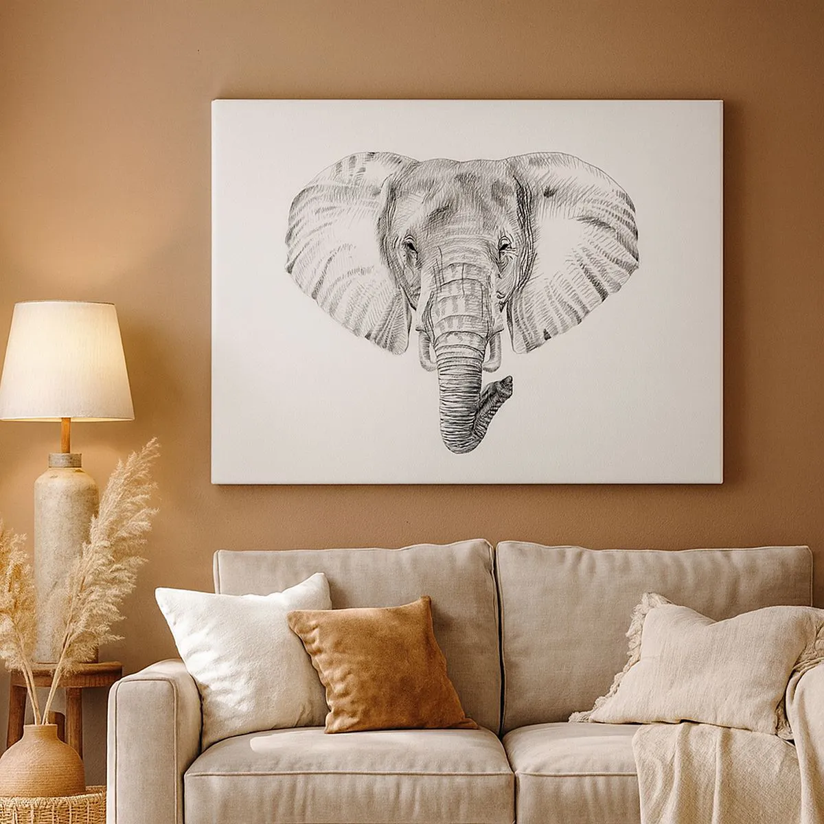 Canvastavla - Bild på duk - Svartvit teckning av ett elefanthuvud mot vit bakgrund - 70x50cm - "Det var en elefant, stor som elefant" - Modern väggdekoration för vardagsrum och sovrum ARTTOR