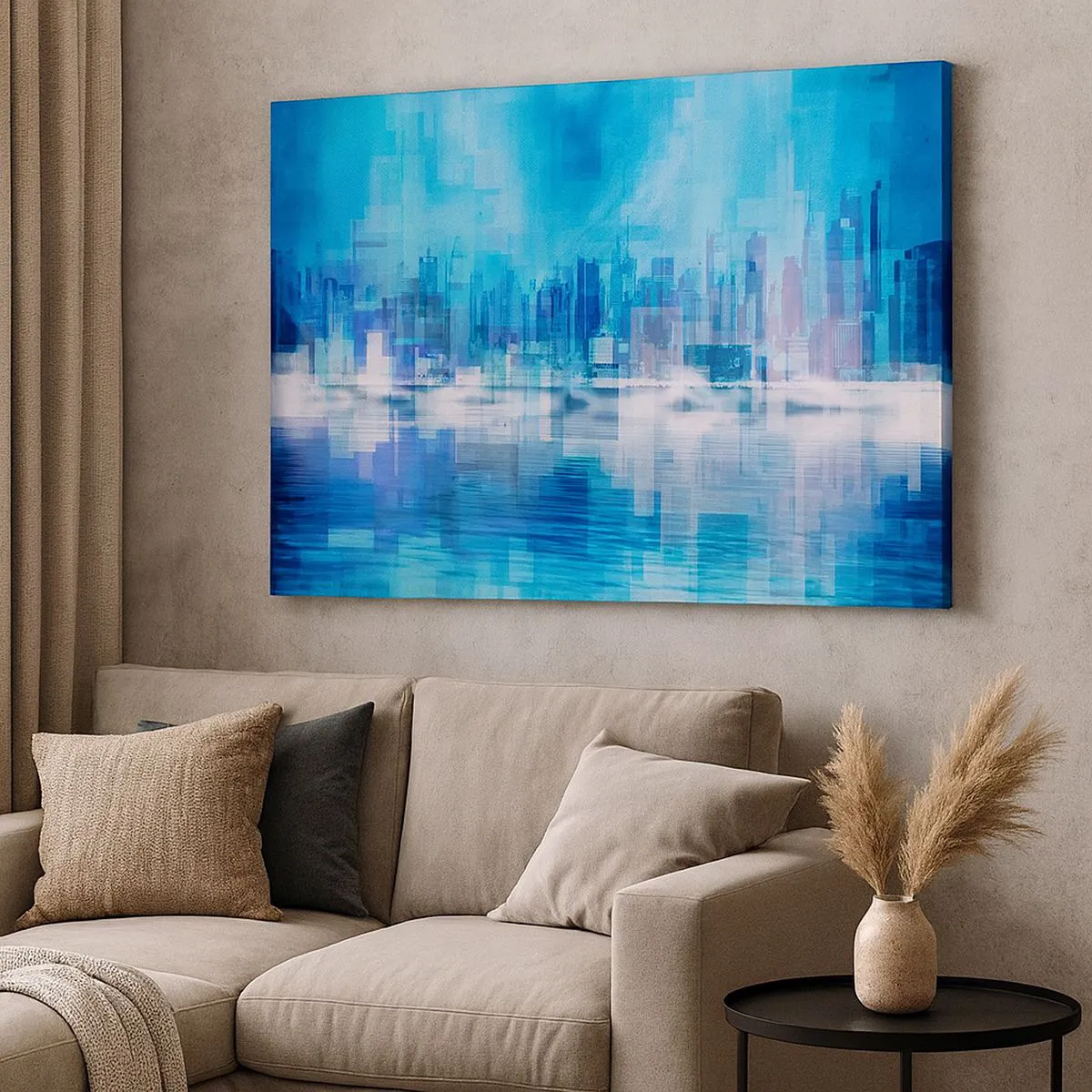 Tablou pe pânză Canvas - Panoramă abstractă a orașului în nuanțe de albastru - 70x50cm - Înecate în albastru - Decorațiune modernă pentru perete pentru living și dormitor ARTTOR