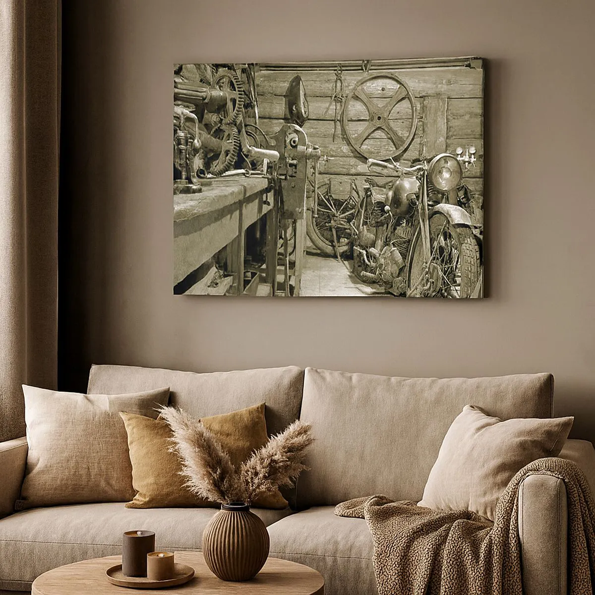 Schilderen op canvas - Retro werkplaats met motorfietsen en gereedschap - 70x50cm - In de schuur van oom Władek - Moderne wanddecoratie voor woonkamer en slaapkamer ARTTOR