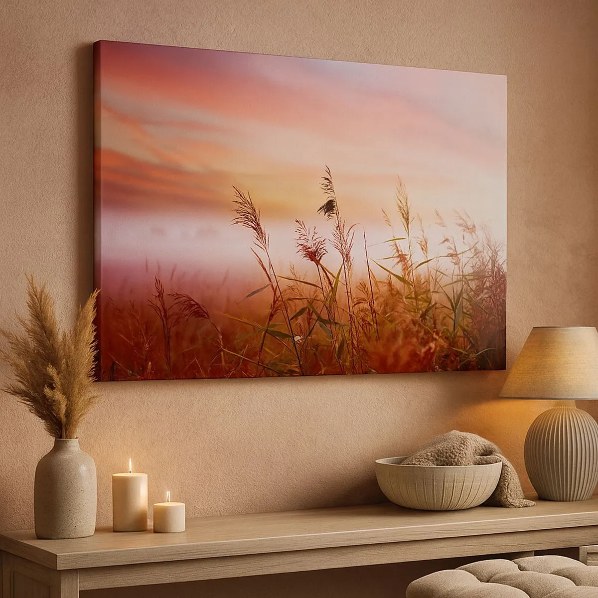 Tablou pe pânză Canvas - Un câmp de iarbă pe fundalul unui apus de soare pitoresc - 70x50cm - Zmeuri, suflante, vânt - Decorațiune modernă pentru perete pentru living și dormitor ARTTOR
