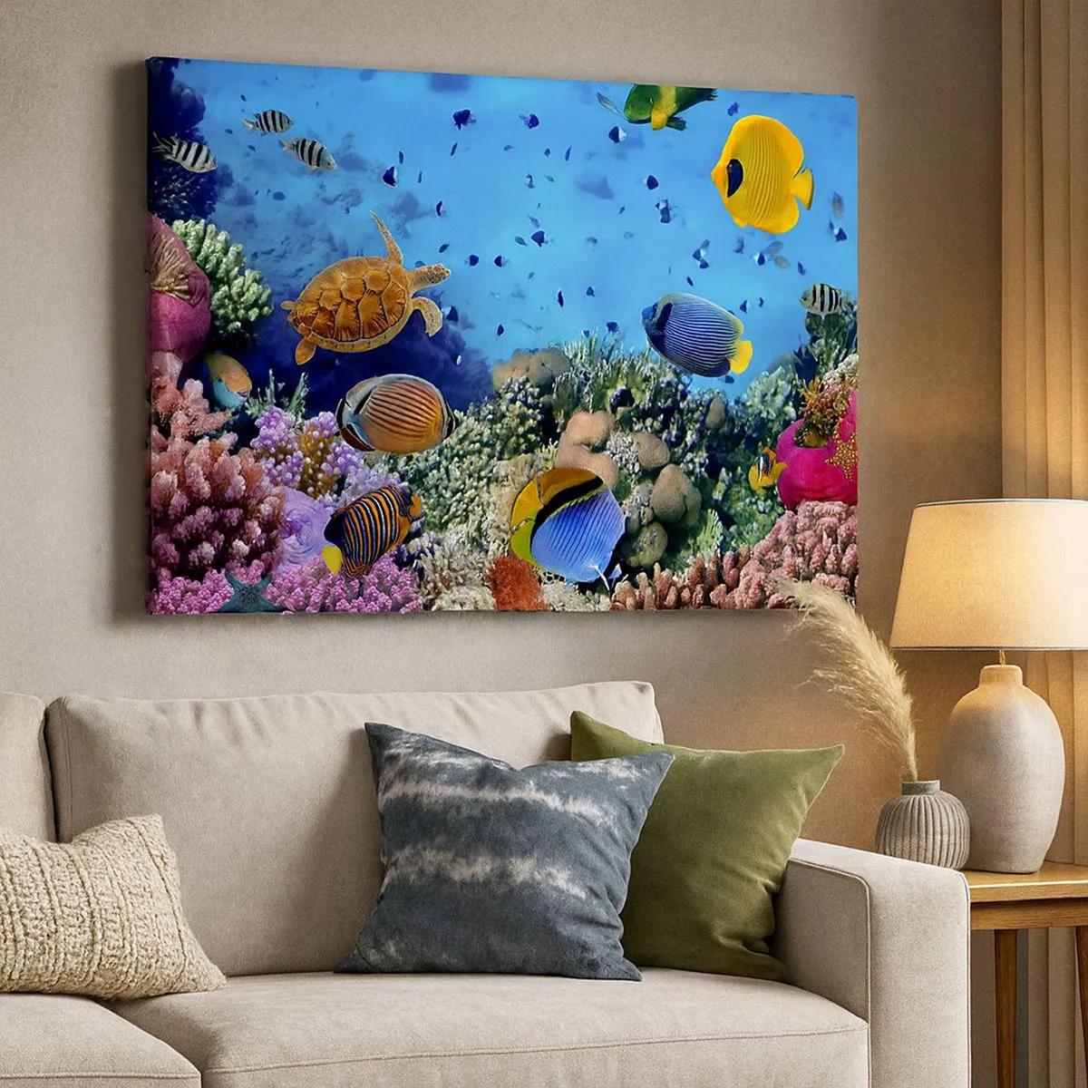 Quadro em tela - Recife de corais com peixes coloridos e uma tartaruga marinha - 70x50cm - E o que sabemos sobre a vida... - Decoração de parede moderna para a sala de estar e quarto ARTTOR