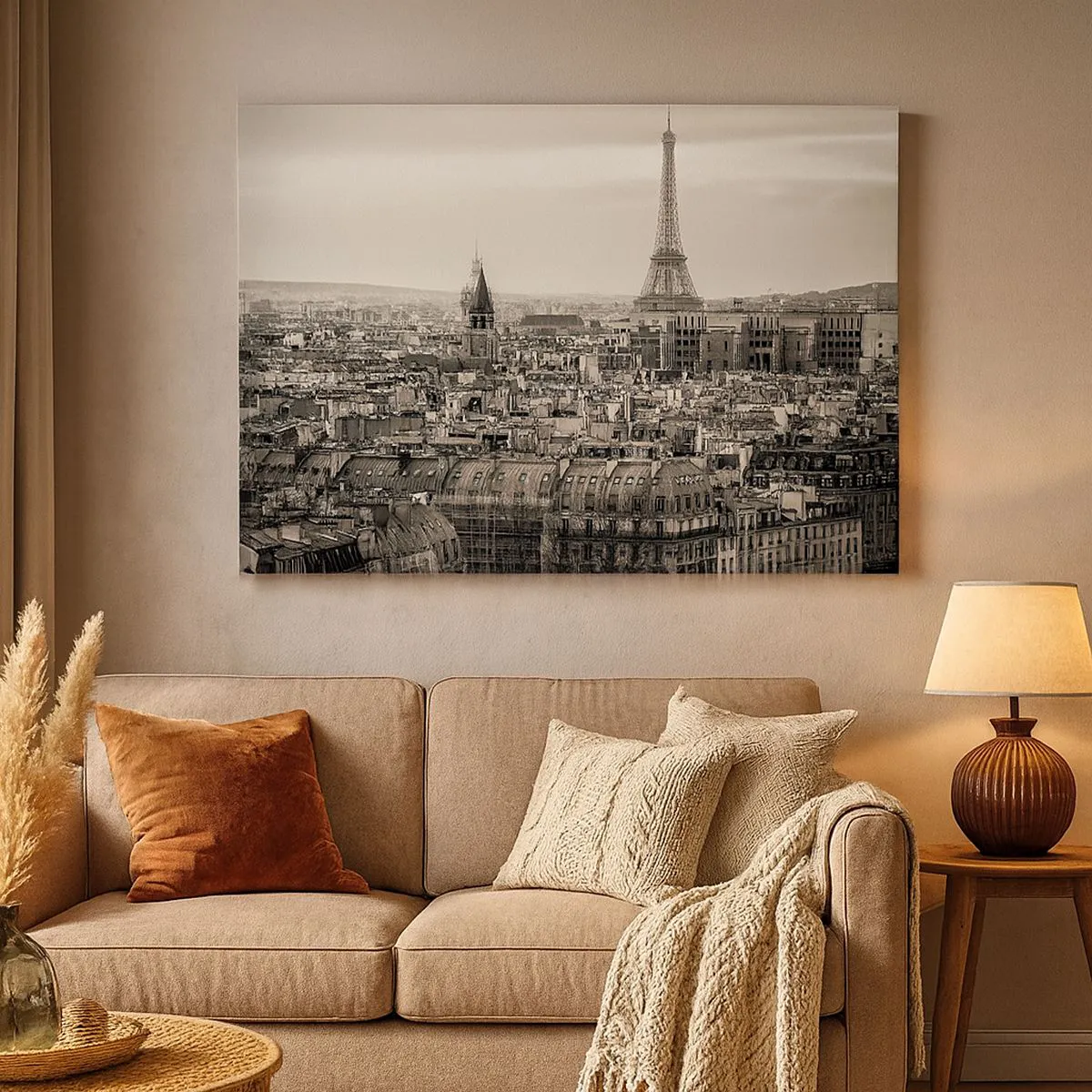 Impression sur toile - Image sur toile - Panorama de Paris avec la Tour Eiffel en tons sépia - 120x80cm - Sur les toits de Paris - Décoration murale moderne pour le salon et la chambre ARTTOR
