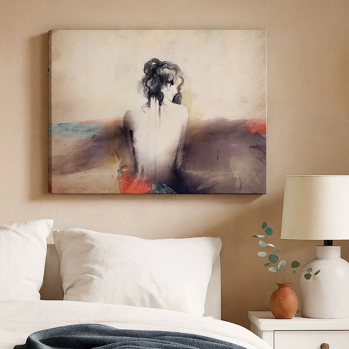 Canvastavla - Bild på duk - Ett subtilt porträtt av en kvinna i konstnärlig stil - 70x50cm - Moderata linjer, ovala former - Modern väggdekoration för vardagsrum och sovrum ARTTOR